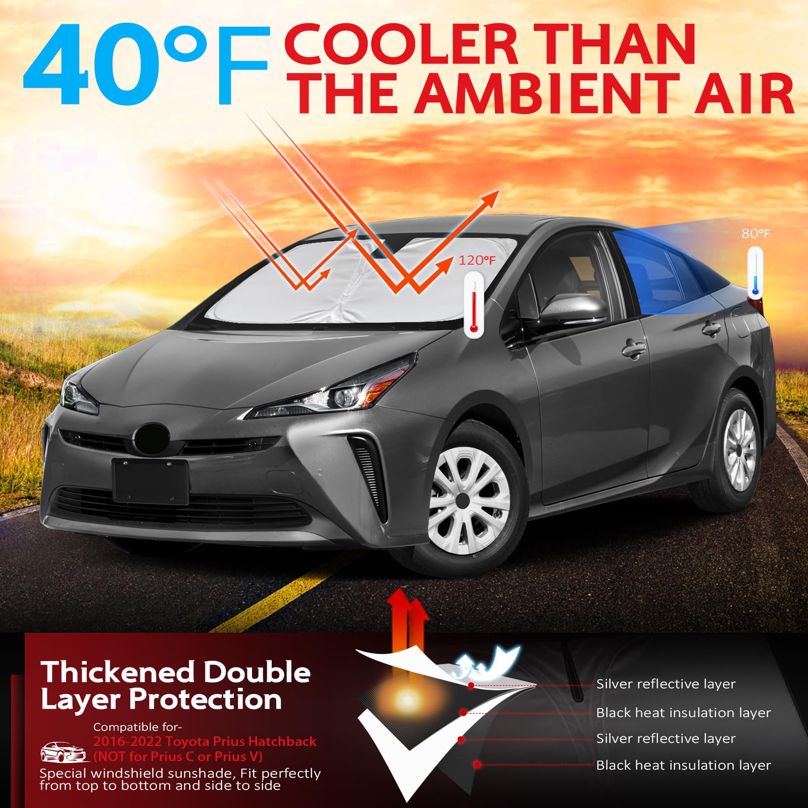 Kayzt Windshield Sun Shade For 2016-2022 Toyota Prius Hatchback(Not For Prius C Or Prius V) Foldable Sunshade Front Window Custo