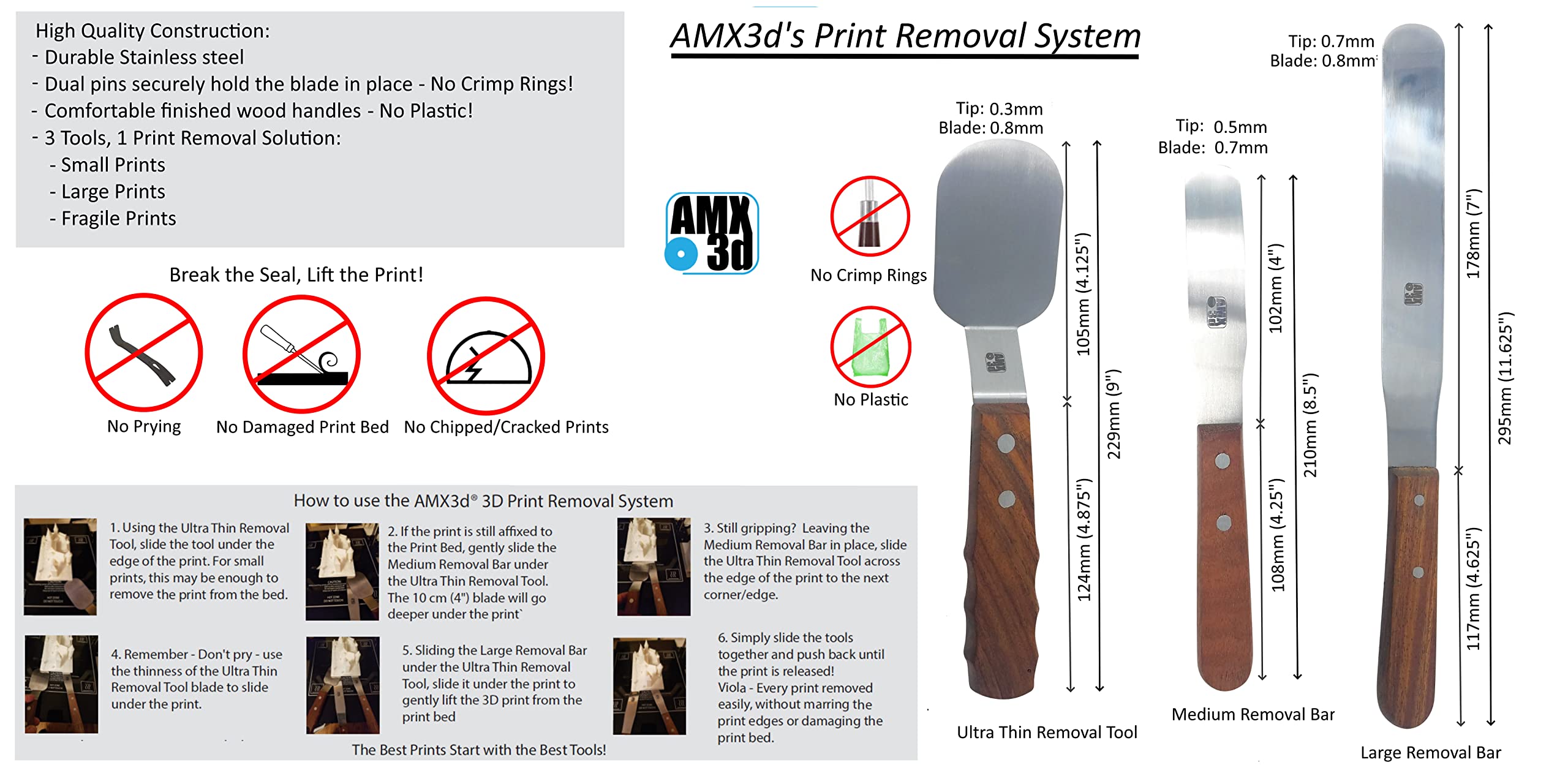 Amx3D 3D Print Removal Accessories– 3 Piece 3D Printing Removal Tool Kit – Thin, Durable Tools To Remove Models From 3D Printers