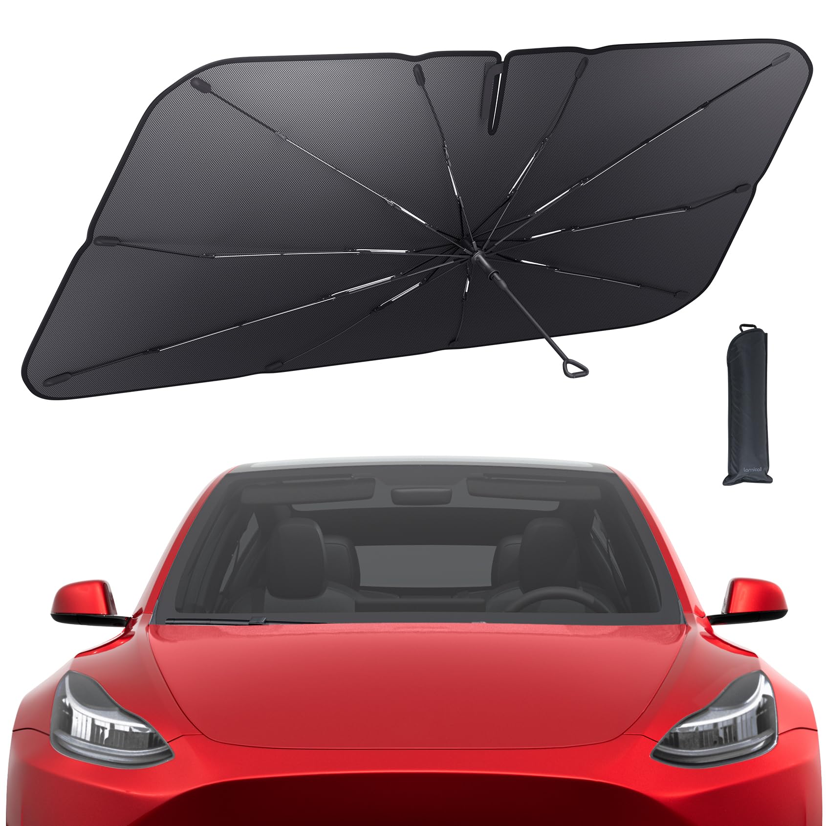Tesla Model 3/Y Windshield Sunshade - 2025 Upgrade Foldable Sunshade Umbrella, 5-Layer Uv Block, 10-Rib Frame, Fits Tesla Model