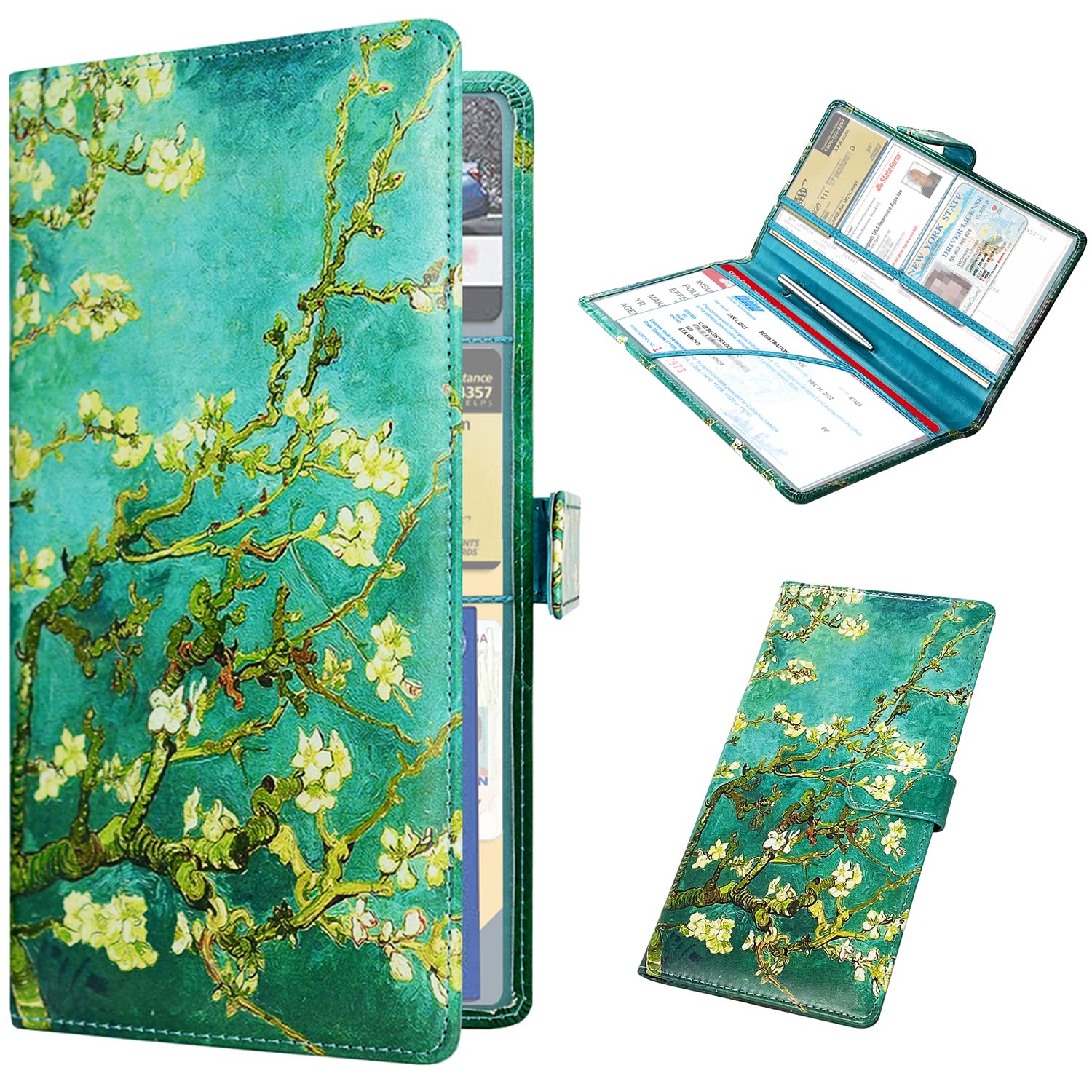 Rsaquar Car Registration And Insurance Holder, Leather Car Glove Box Organizer, Cool Car Accessories For Id, Driver'S License Cards & Essential Document, Men&Women, Almond Blossom