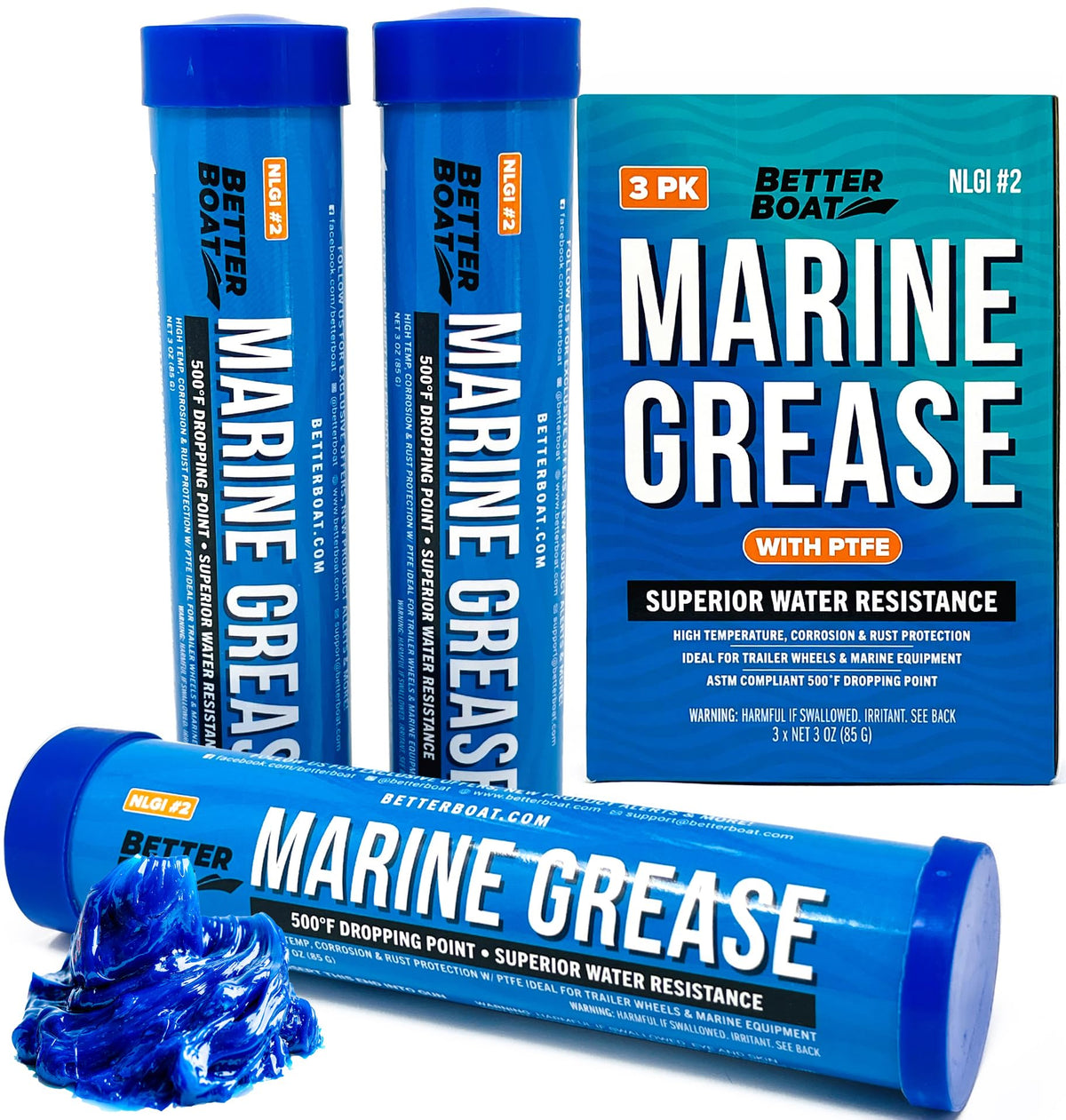 3PK Mini Marine Grease Tube, 3 Oz Cartridge, Waterproof High Temp Wheel Bearing Lubricant, NLGI 2, for Boat Trailer Bearings and