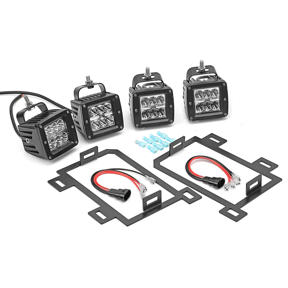 4X 3 inch 24W LED Fog Light Pods with Plug Wiring Kit & Front Lower Hidden Bumper Mounting Bracket Compatible with 2013-2018 Dod
