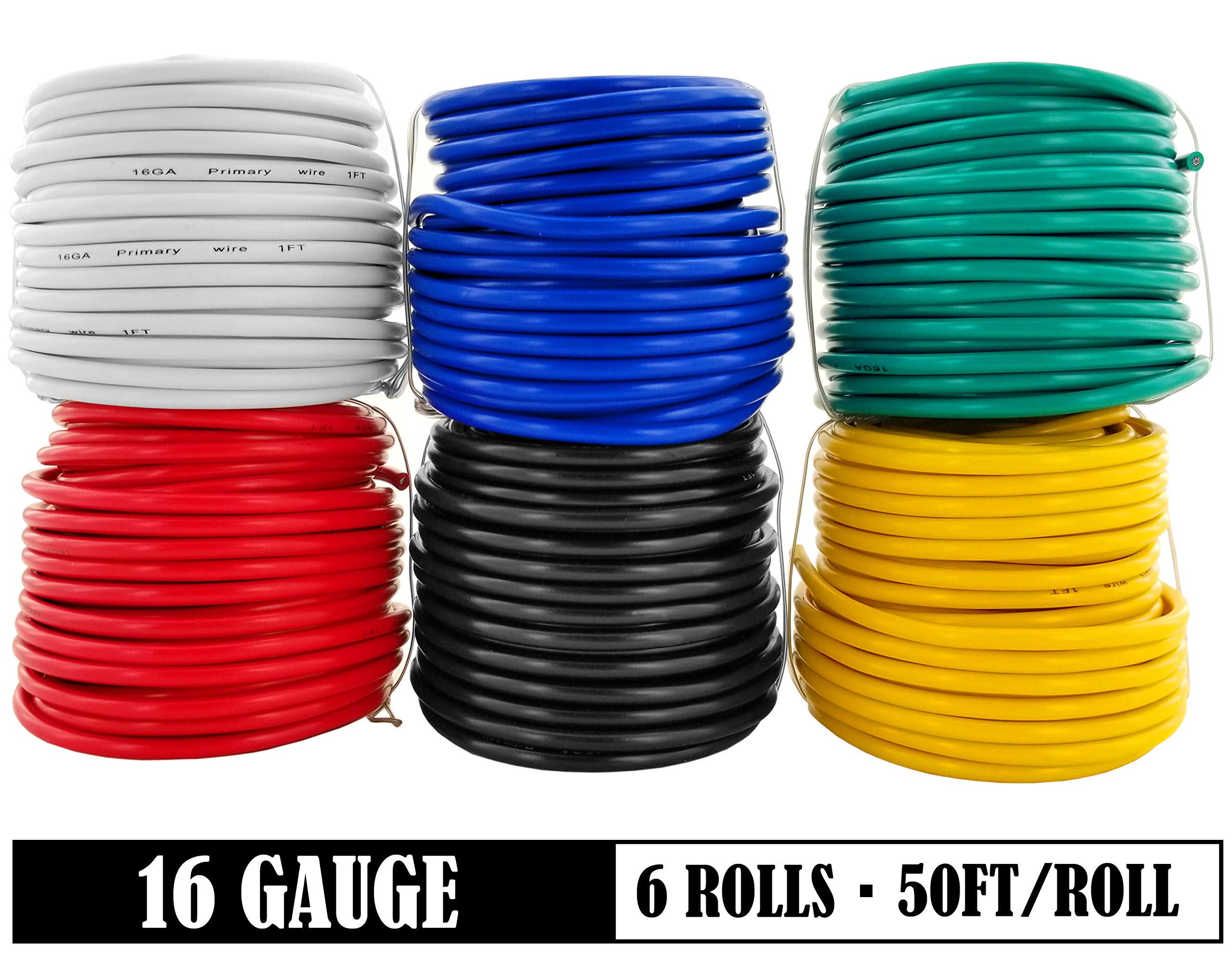 16 Gauge 6 Color Combo 50 Feet Roll (300 Ft Total) Copper Clad Aluminum Low Voltage Automotive Primary Harness Wire For Car Ster