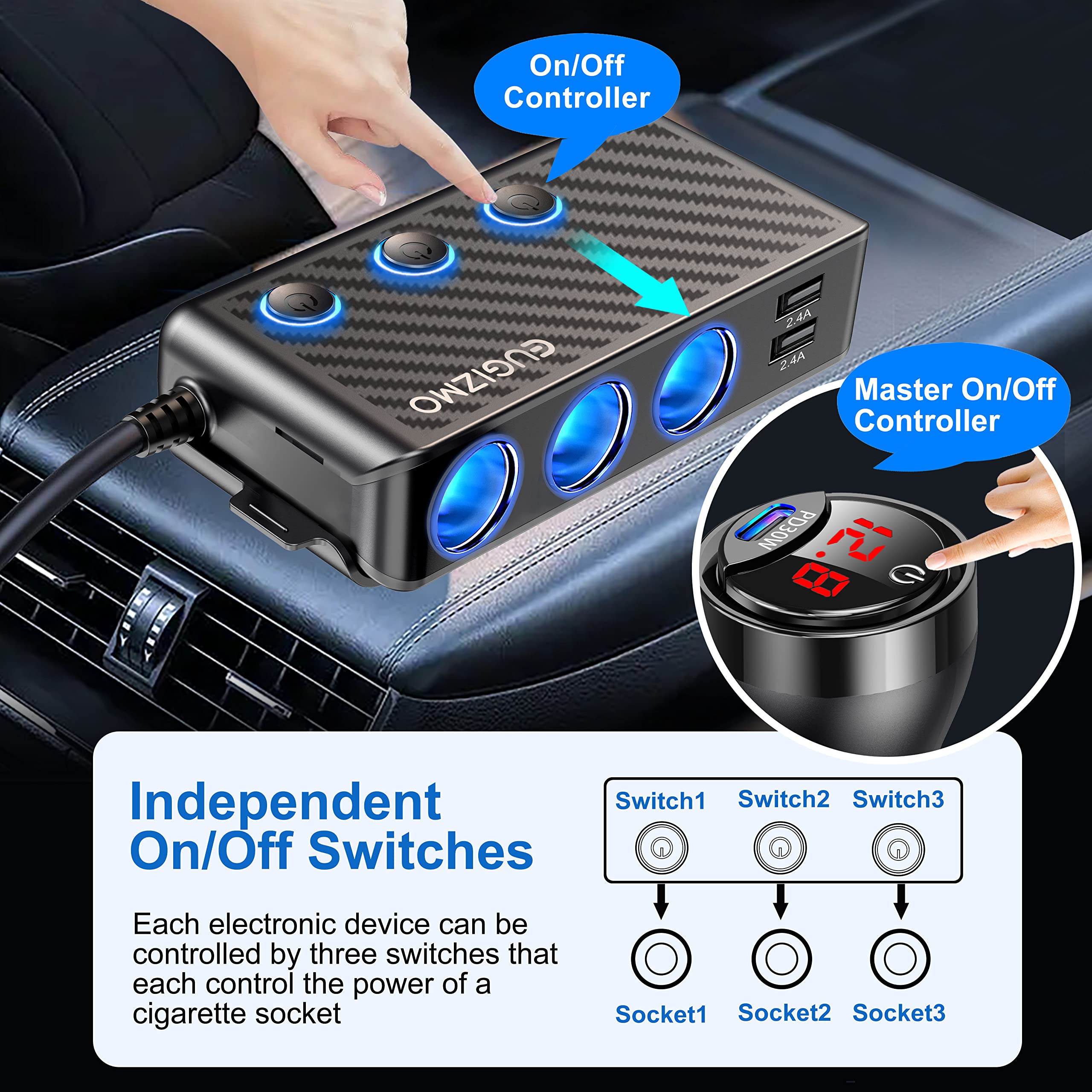 EUGIZMO Cigarette Lighter Splitter Adapter, 222W 3 Socket Car Cigarette Lighter Plug Splitter USB Charger Multi Port 12V Car Plu