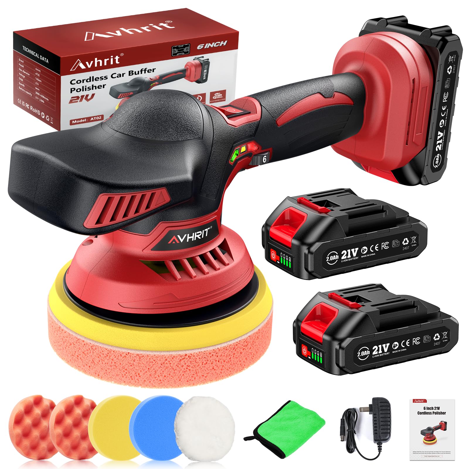 Avhrit Cordless Car Buffer Polisher Kit W/ 2X2000Mah 21V Batteries, 6 Inch Car Buffer Waxer Kit W/ 6 Variable Speed & Extra 10 P
