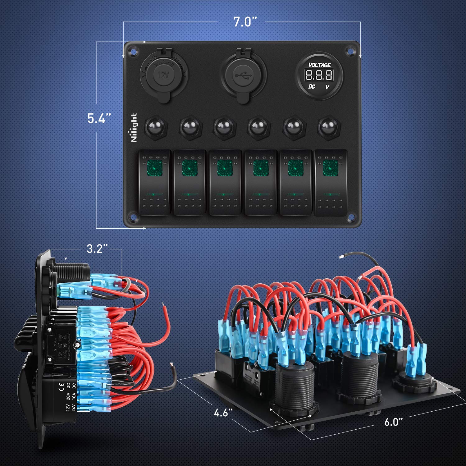 Nilight - 90123F 6 Gang On Off Rocker Switch Panel Green Backlit 12V24V Led Digital Voltmeter Dual Usb Charger Cigarette Lighter