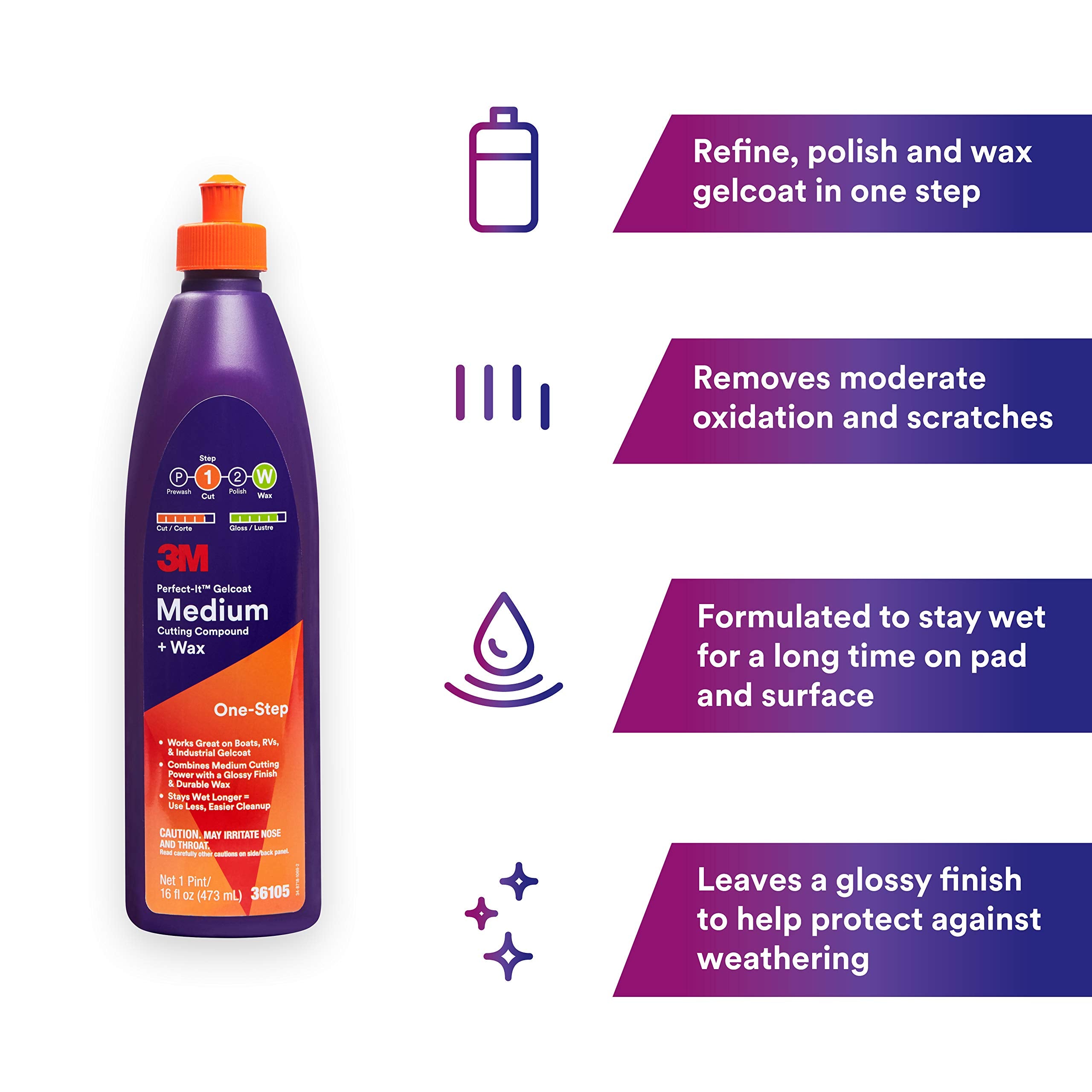 3M Perfect-It Gelcoat Medium Cutting Compound + Wax, 36105, 1 Pint, One-Step Process, P1500 And Finer Scratches, Fiberglass Oxid