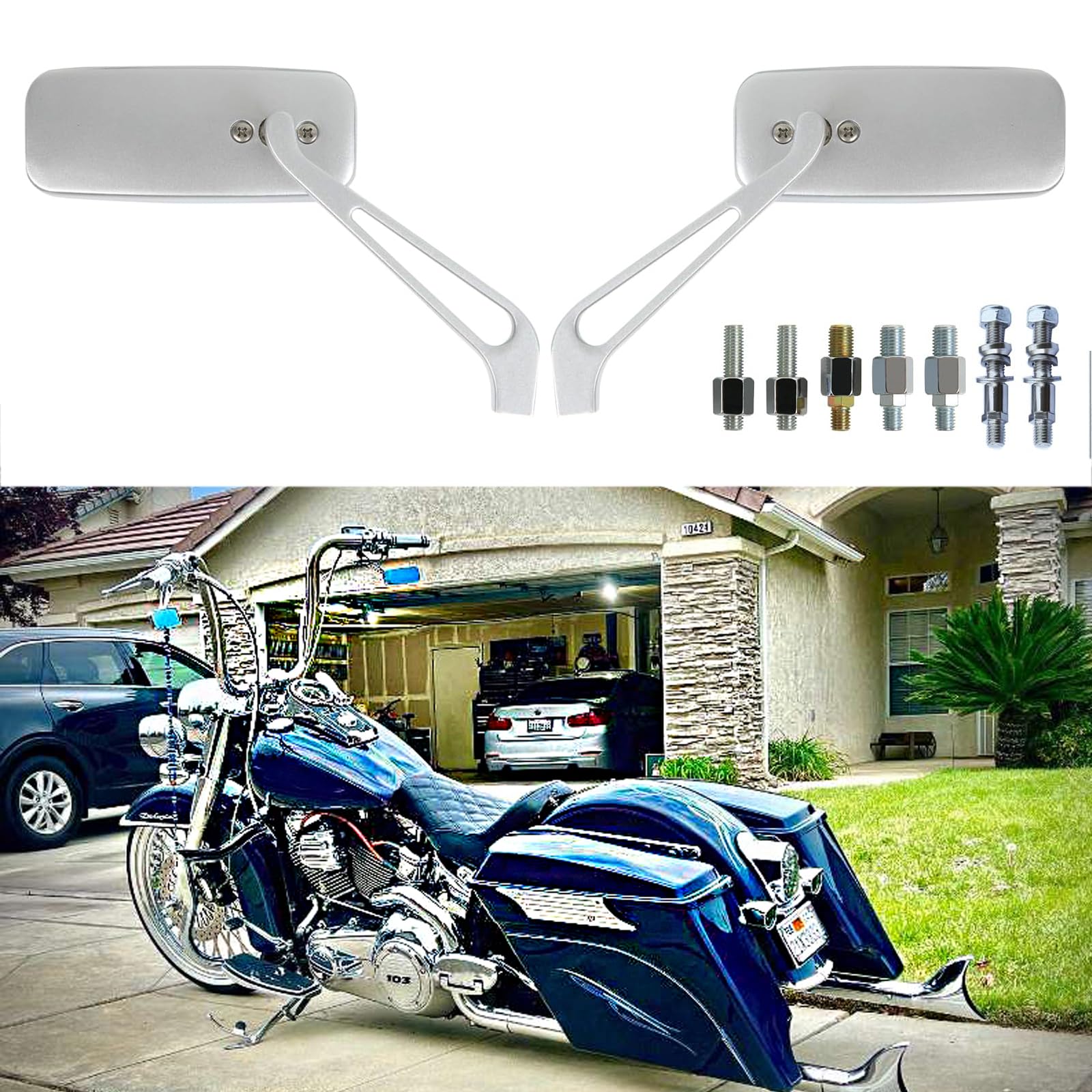 8Mm/10Mm Silver Rectangle Motorcycle Rear View Side Mirrors For Cruiser Chopper Honda Kawasaki Suzuki Yamaha (Silver With Harley