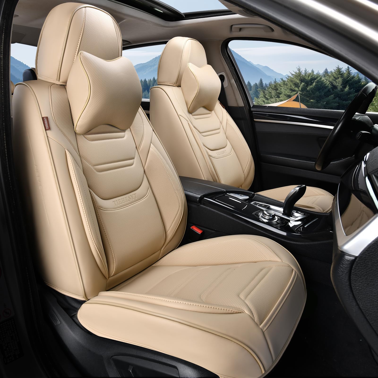 Tiehesyt Leather Seat Covers Front Pair With Lumbar Support And Headrest, Breathable And Waterproof Car Seat Cover, Universal Se