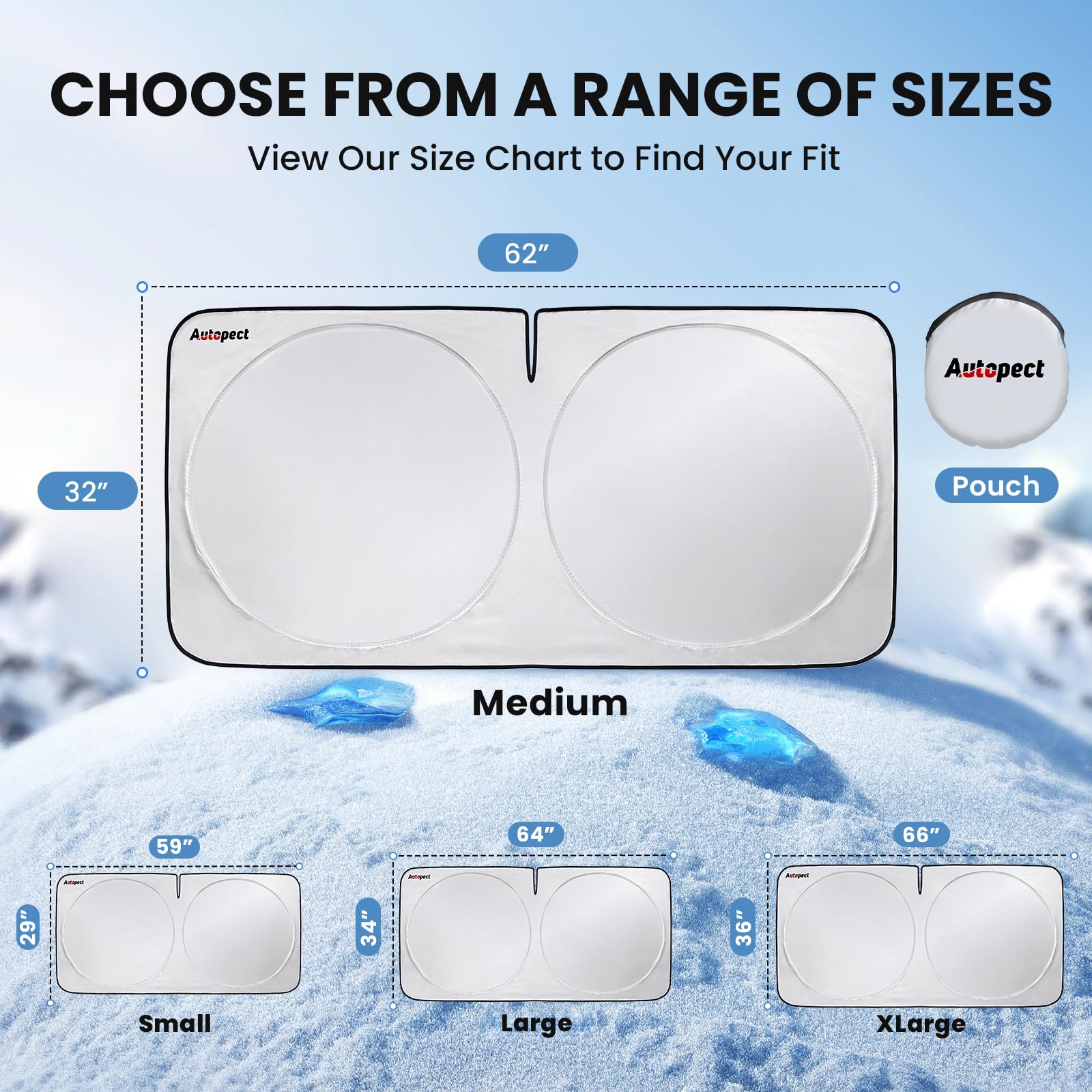 Autopect Windshield Sun Shade, Foldable Sun Blocker For Car, Truck, Suv Automotive Interior Sun Protection, Reflective Shade For Front Windshield With Mirror Cut-Out Keeps Car Cool (Medium)