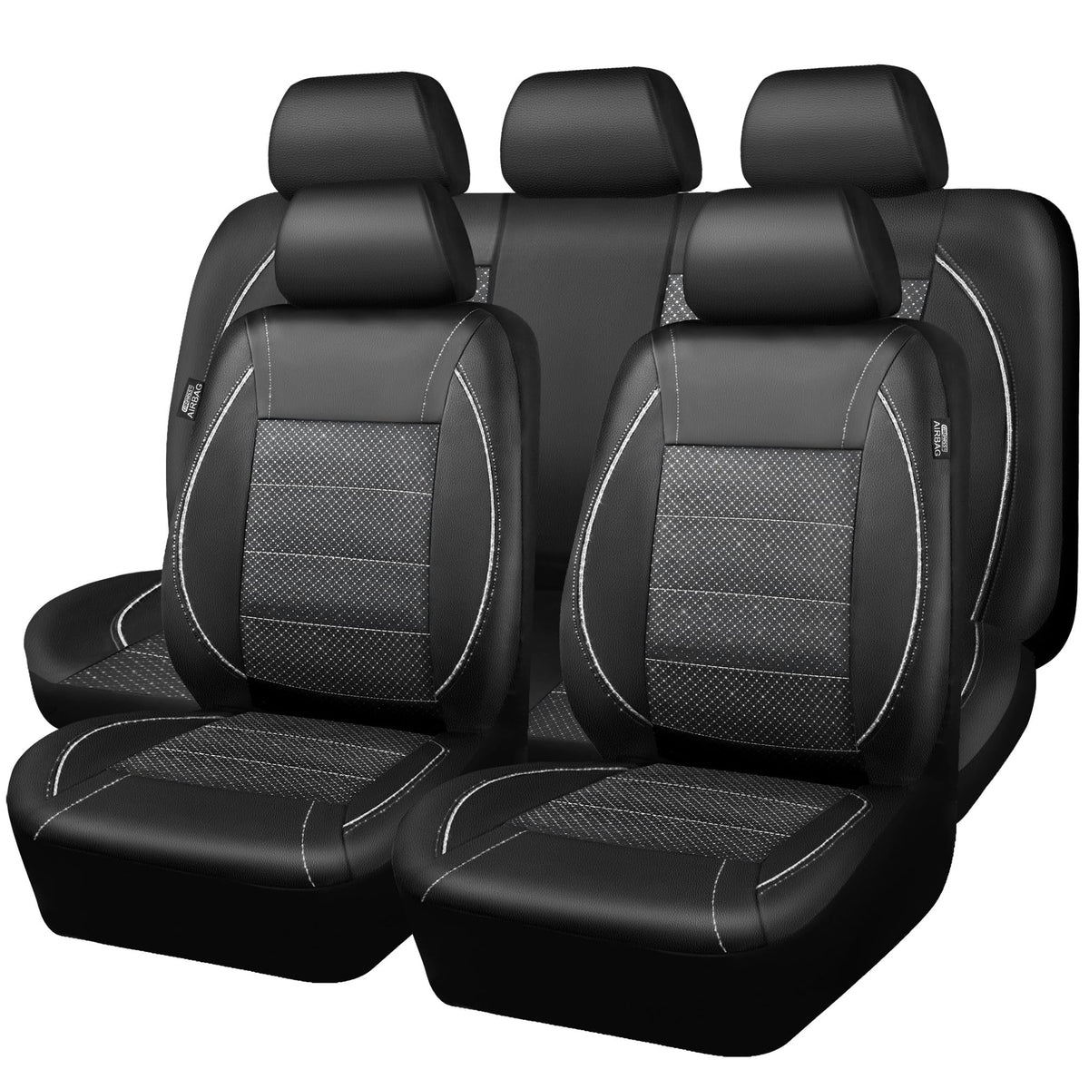 Car Pass Piping Pu Leather Car Seat Cover Full Set, Inside Zipper Design And Reserved Opening Holes, Airbag Compatible,Universal