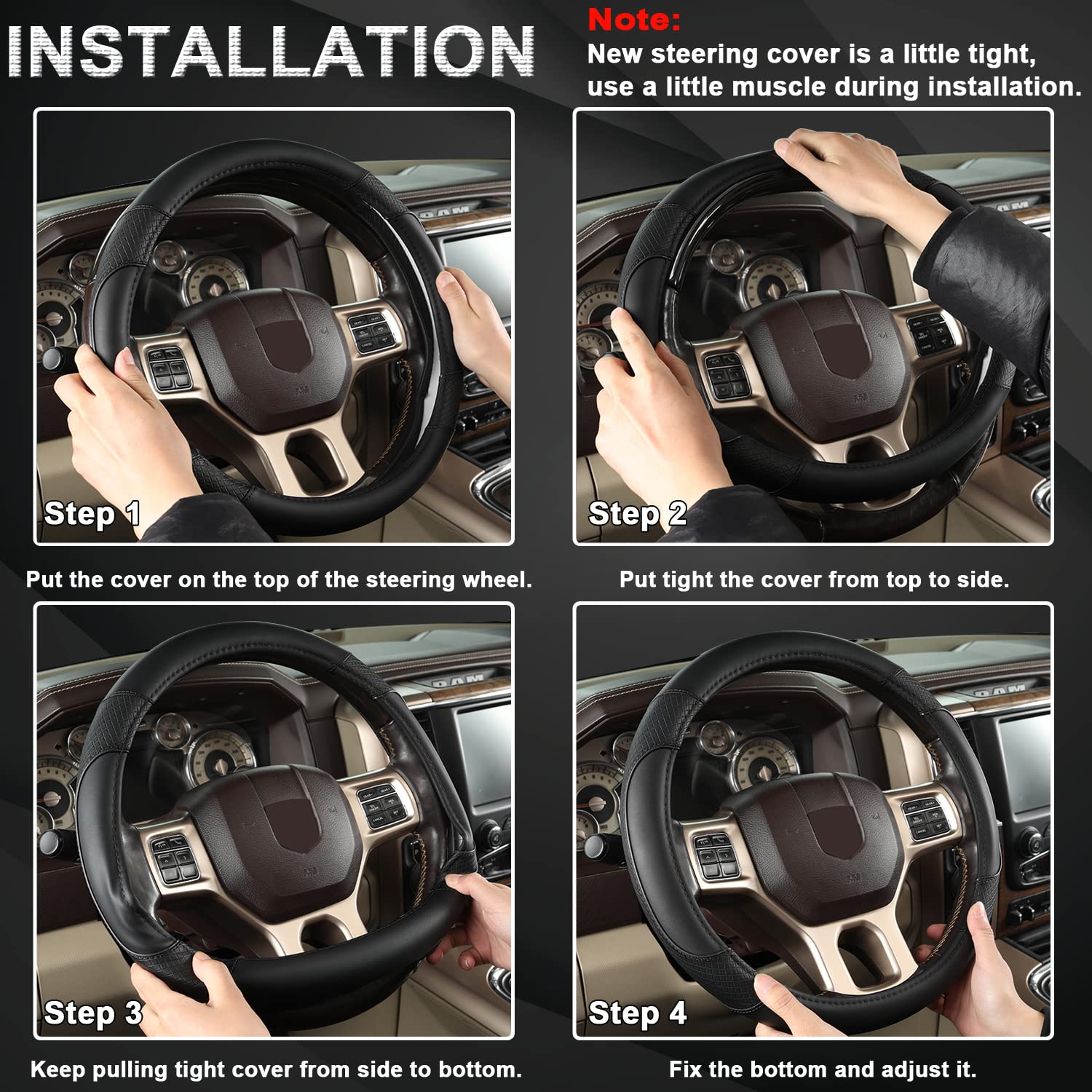 GIANT PANDA Car Steering Wheel Cover for Dodge Ram 1500 2500 3500 15.5-16 inches- Solid Black