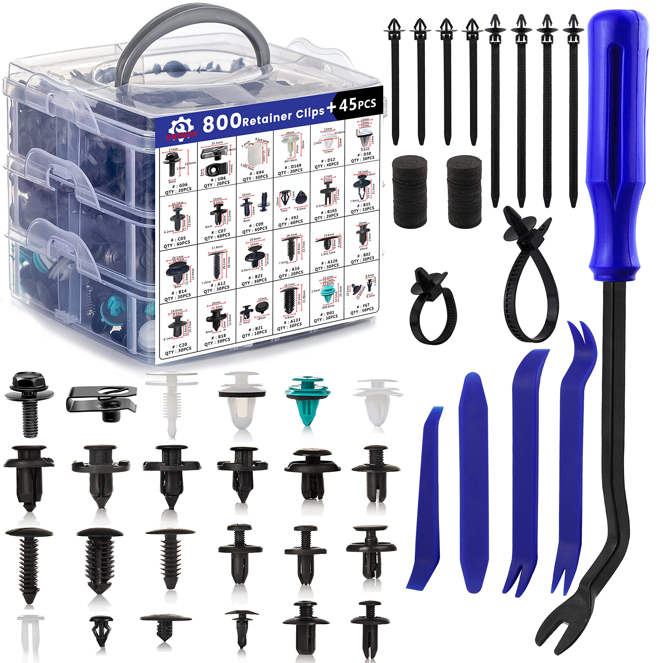 845Pcs Car Push Retainer Clips & Auto Fasteners Assortment-24 Most Popular Sizes Nylon Bumper Fender Rivets With 10 Cable Ties And Blue Fastener Remover For Ford Gm Toyota Honda Chrysler Benz Nissan