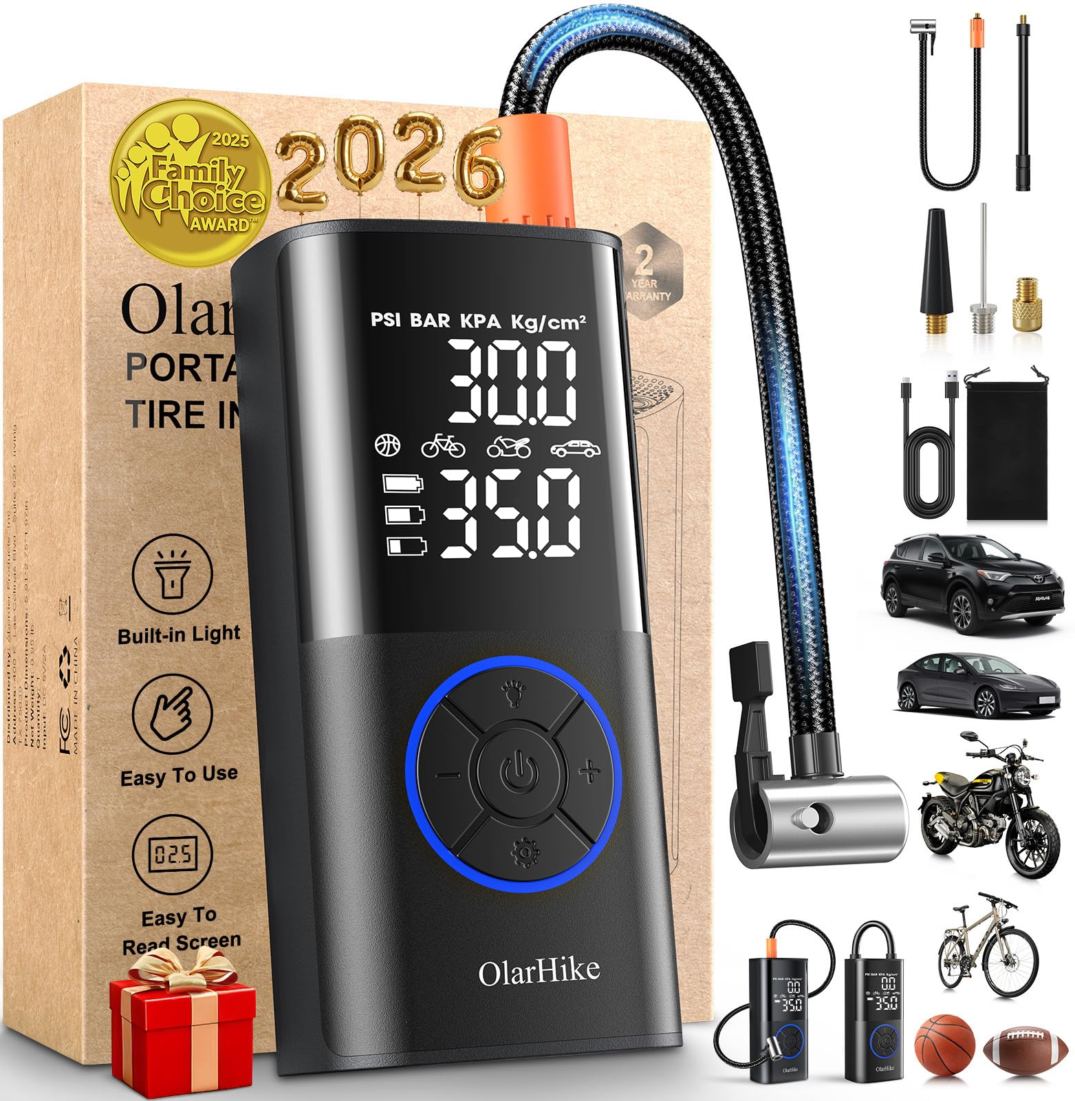 OlarHike Tire Inflator Portable Air Compressor, Smart Dual Hose System, 160PSI Auto Air Pump for Car Tires, Bike,Bicycle, Motorc