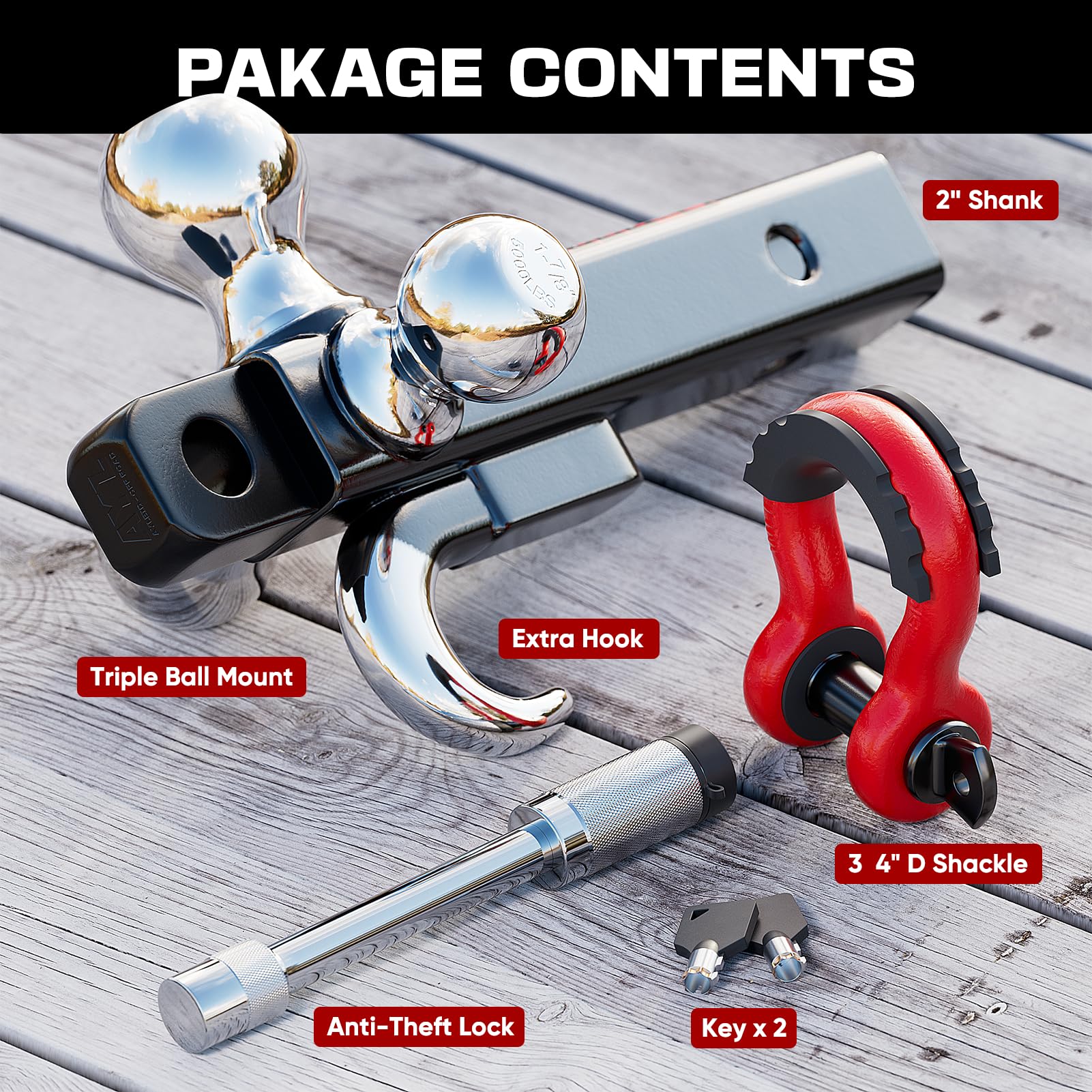 Ayleid Tri-Ball Hitch Mount with Hook & Lock, Fits 2-in Receiver, Includes 1-7/8", 2", 2-5/16" Balls, B-With