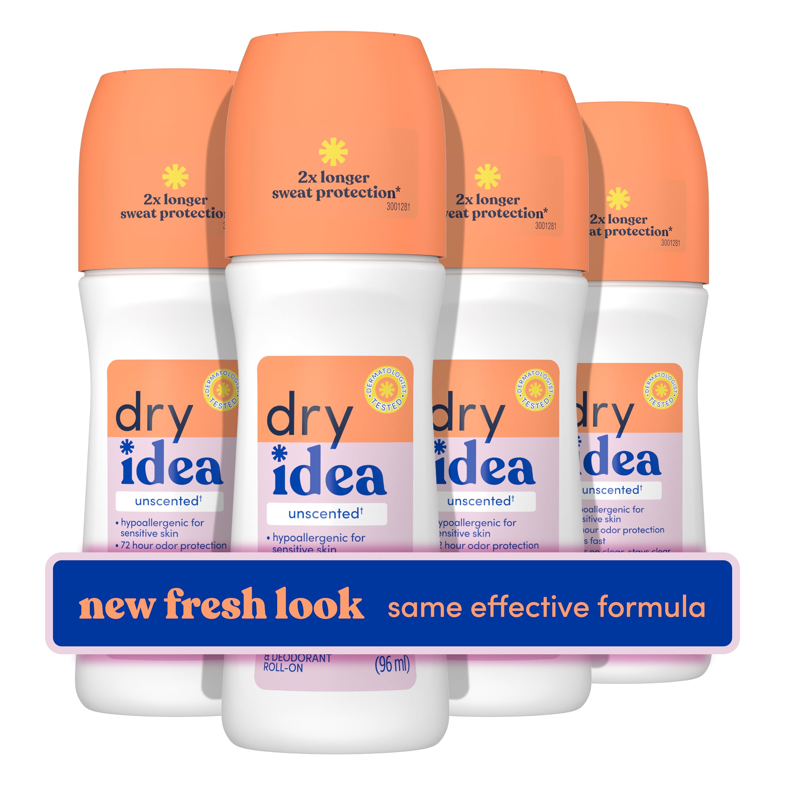 Dry Idea Roll-On Deodorant & Antiperspirant | 2X Longer Sweat Protection | 72-Hour Odor Protection | Unscented & Hypoallergenic for Sensitive Skin  3.25 oz. (4-Pack)-New