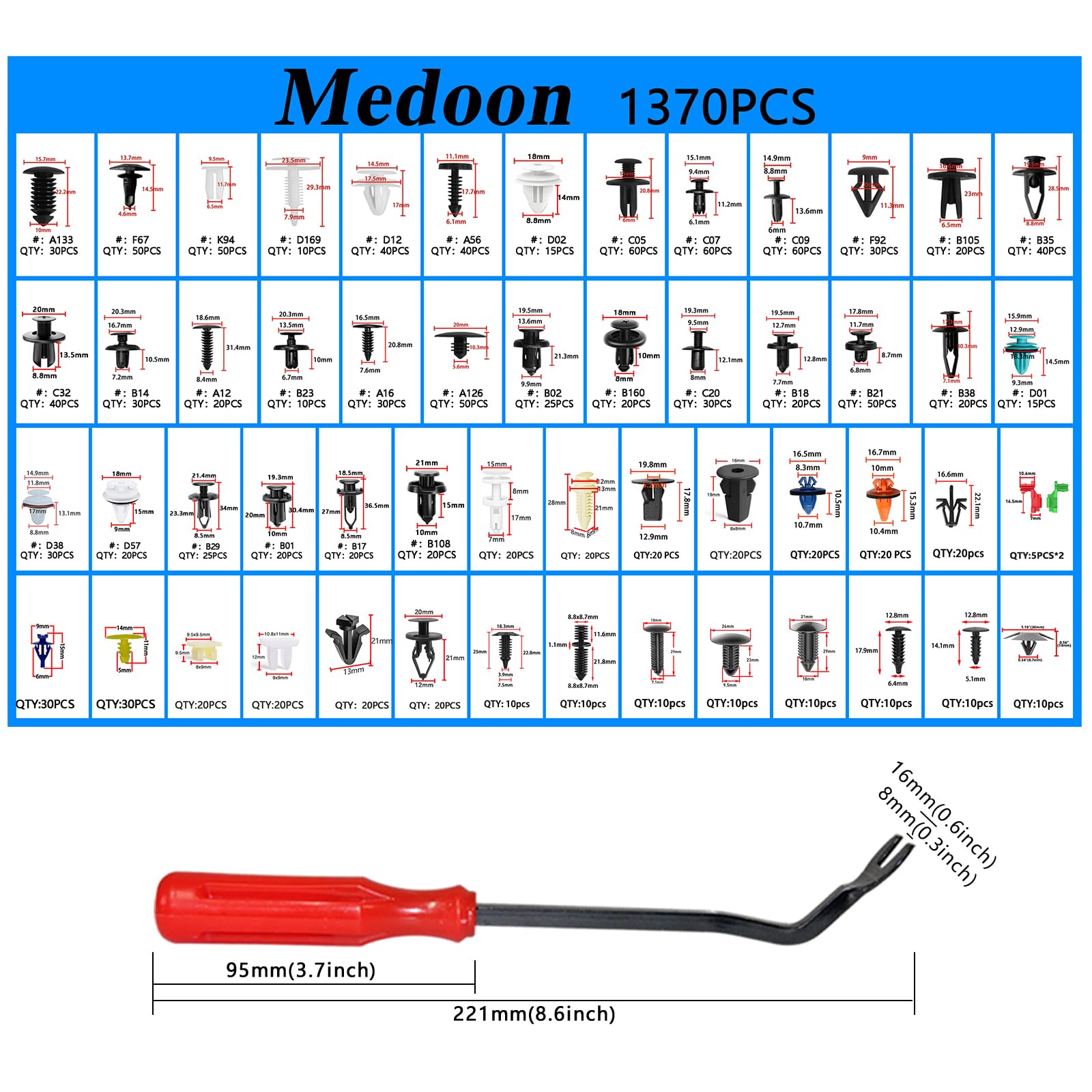Medoon Car Retainer Clips 1501 Pcs, 55 Sizes Car Panel Trim Clips Kits, Auto Push Fasteners For Ford Gm Toyota Honda Chrysler Bm