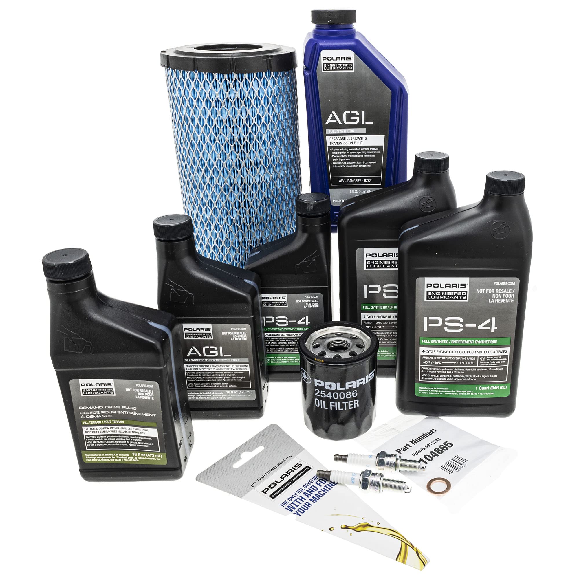 Polaris Service Kit For General 1000/Xp 1000 Or Rzr Trail S/S 1000 Models, Includes Demand Drive Fluid, Agl Fluid, Ps-4 5W-50 Full Synthetic Oil, 1 Air Filter, 1 Oil Filter, 2 Spark Plugs - 2830544