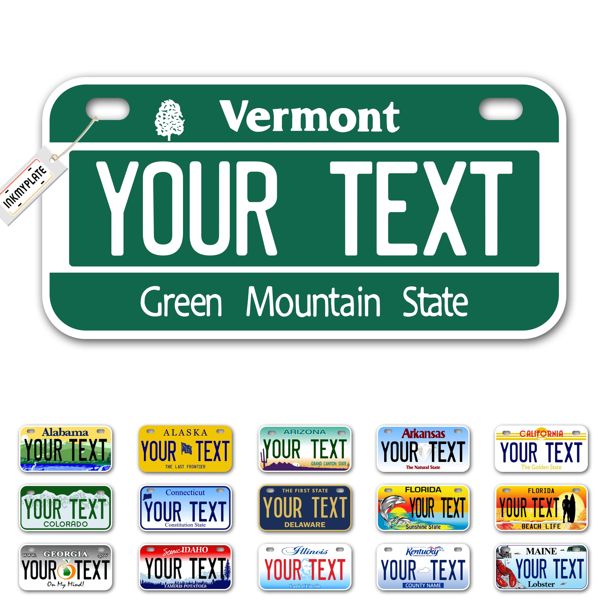 Inkmyplate Personalized Vermont Small License Plate | Bike 6X3 Inch | Select From All 50 States | 3 Sizes | Custom License Plates For Kids Bicycles | Power Wheels | Usa Thick .040 Aluminum