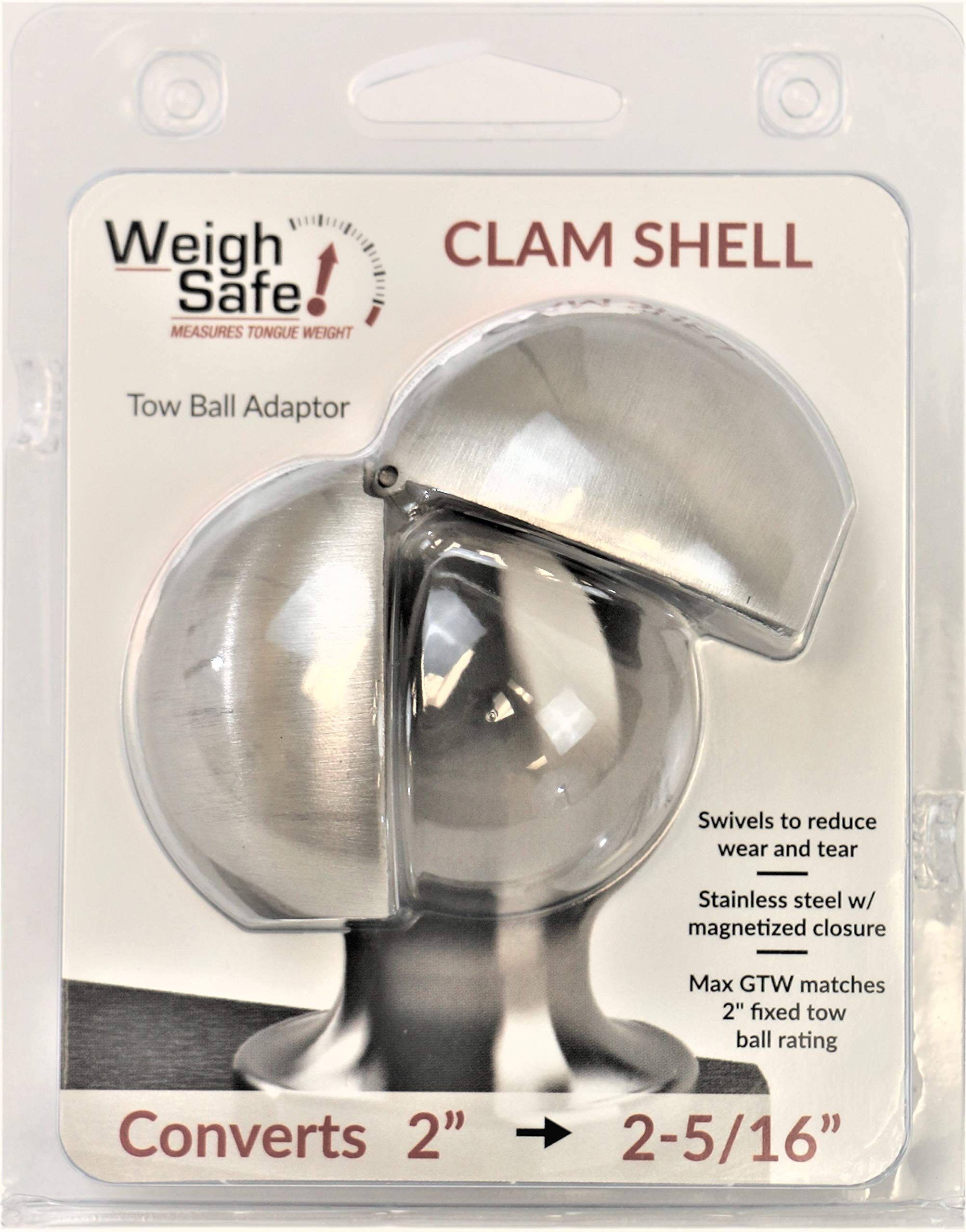Weigh Safe Clamshell - Stainless Steel Tow Ball Adapter - Converts 2'' Tow Ball to 2-5/16'' - Universal Fit - Premium Hitch Acce