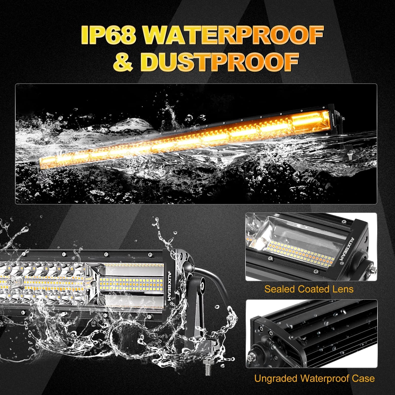 Auxbeam 50 Inch Led Light Bar, 288W Curved Amber White Strobe Lights, 6 Modes Spot Flood Combo Beam Fog Memory Reset Function Dr