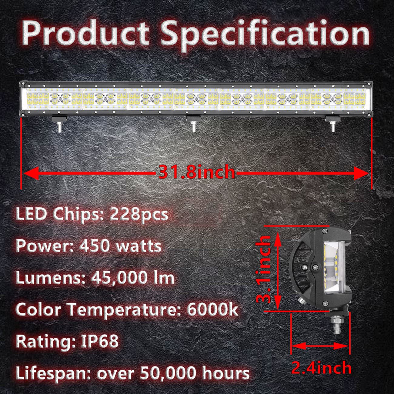 Side Shooter Led Light Bar, Muto-Beam 30 Inch 450W Quad Row Light Bar Led Fog Lamp Off Road Driving Spot Flood Combo Work Lamp F