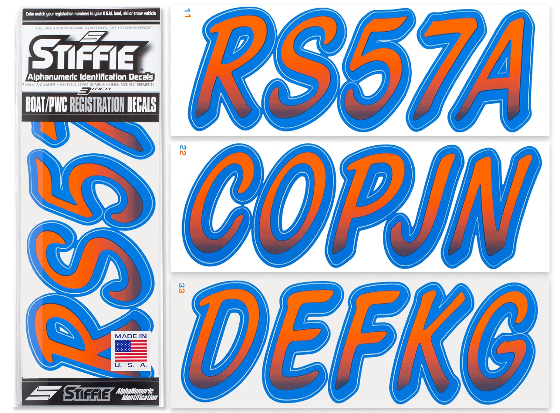 STIFFIE Whipline Orange/Blue 3'' Boat & PWC Registration Decals  Numbers Letters Stickers