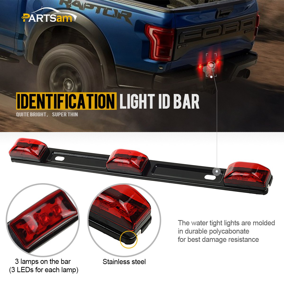 Partsam Red Clearance Id Bar Marker Light 3 Light 9 Led Trailer Sealed Stainless Steel, [Dot Approved] Sealed 3-Light Truck And