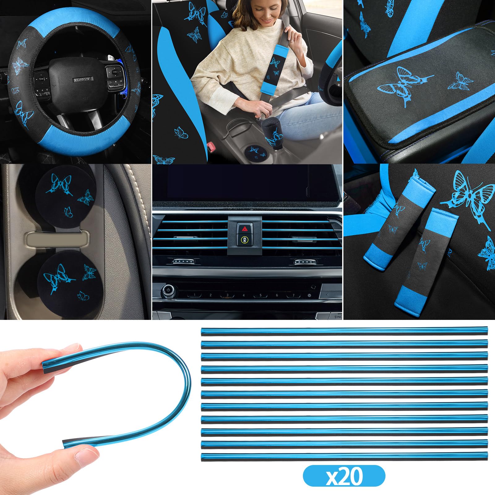 BBTO 43 Pcs Butterfly Car Seat Full Set Butterfly Car Accessories for Women 5 Front Rear Seat Covers Wrist Strap 2 Pcs Cup Mat A