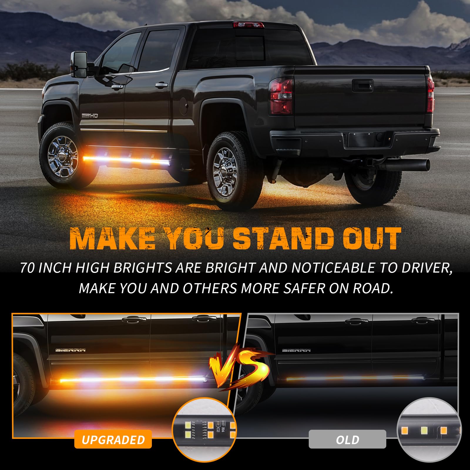 Xridonsen 2Pcs 70 Inch Truck Strobe Lights Strip 864 Led Emergency Running Board Lights Amber White Flashing Warning Hazard Caut