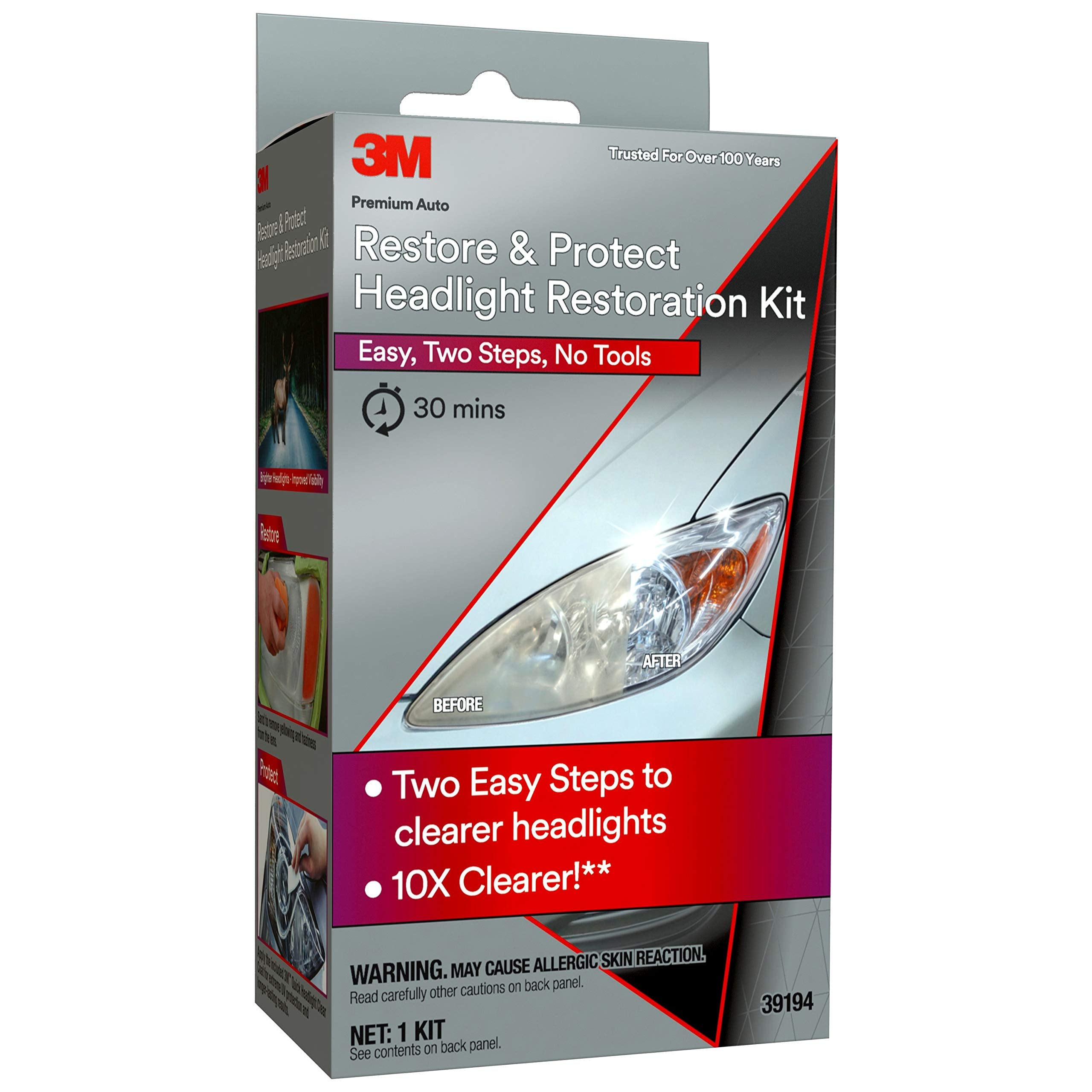 3M Headlight Restoration Kit - Restore & Protect Plastic Lenses, Includes Sanding Discs, Clear Coat Wipes, Foam Pad, No Tools Required