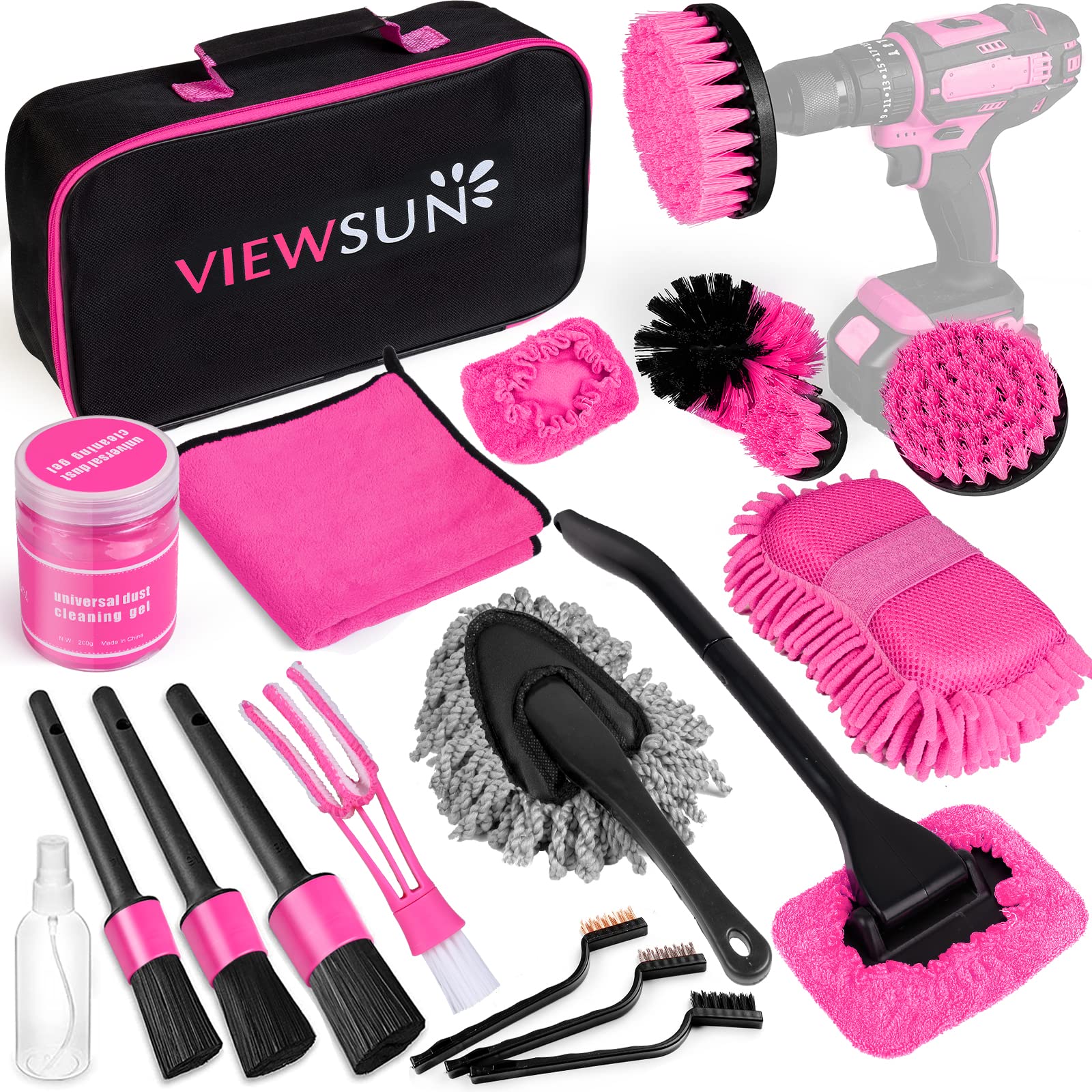 Viewsun 20Pcs Car Detailing Kit, Pink Interior Kit With Drill Brush Set, Windshield Cleaning Tool, Detailing Brushes, Wire Brush