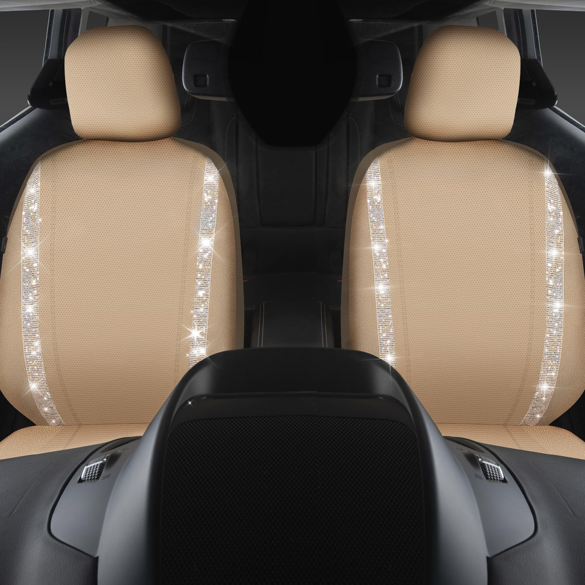 Car Pass Cow Diamond Leather Bling Car Seat Covers Universal, Faux Shining Rhinestones Two Front Only, Fit 95% Automotive Glitte
