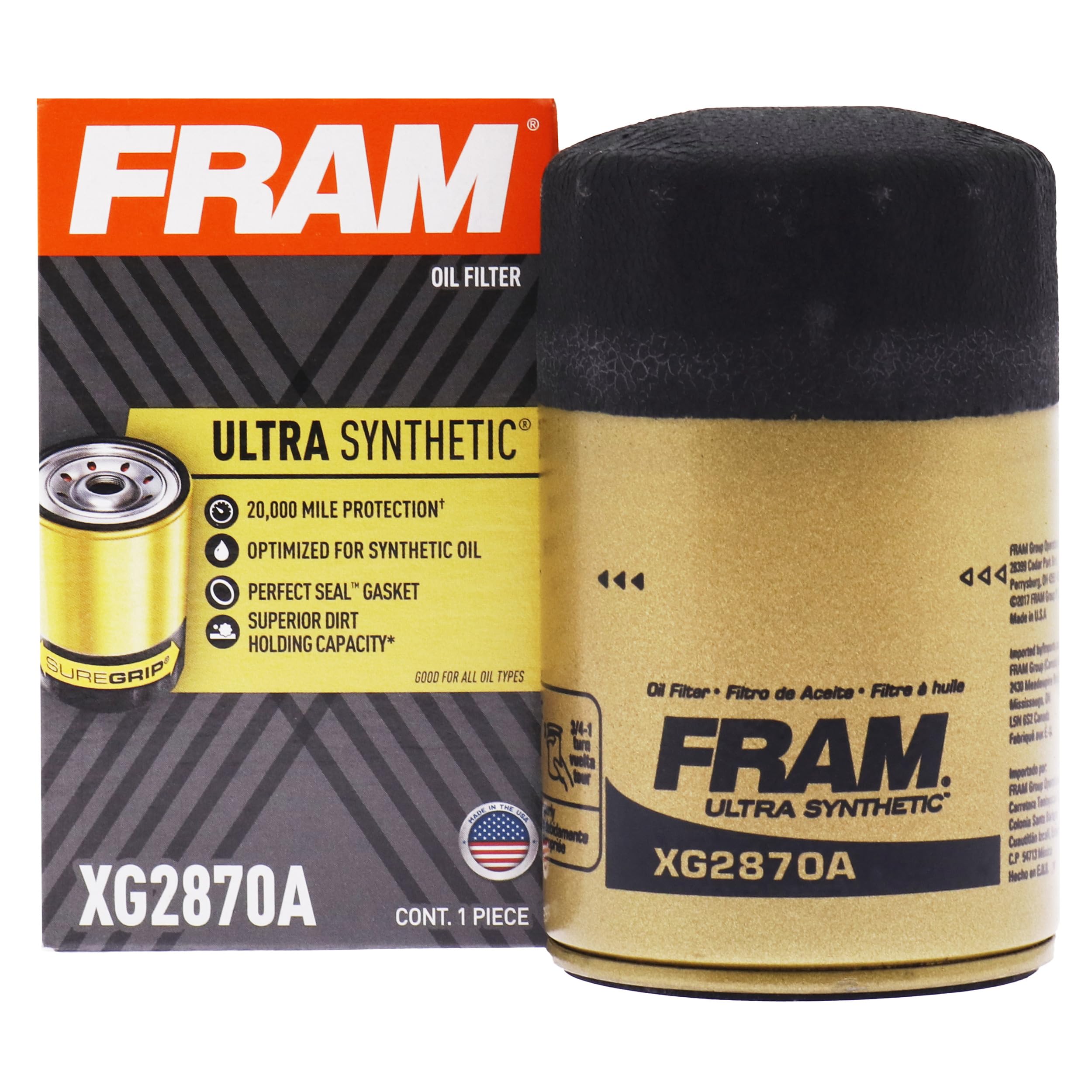 FRAM Ultra Synthetic Automotive Replacement Oil Filter, Designed for Synthetic Oil Changes Lasting up to 20k Miles, XG2870A with
