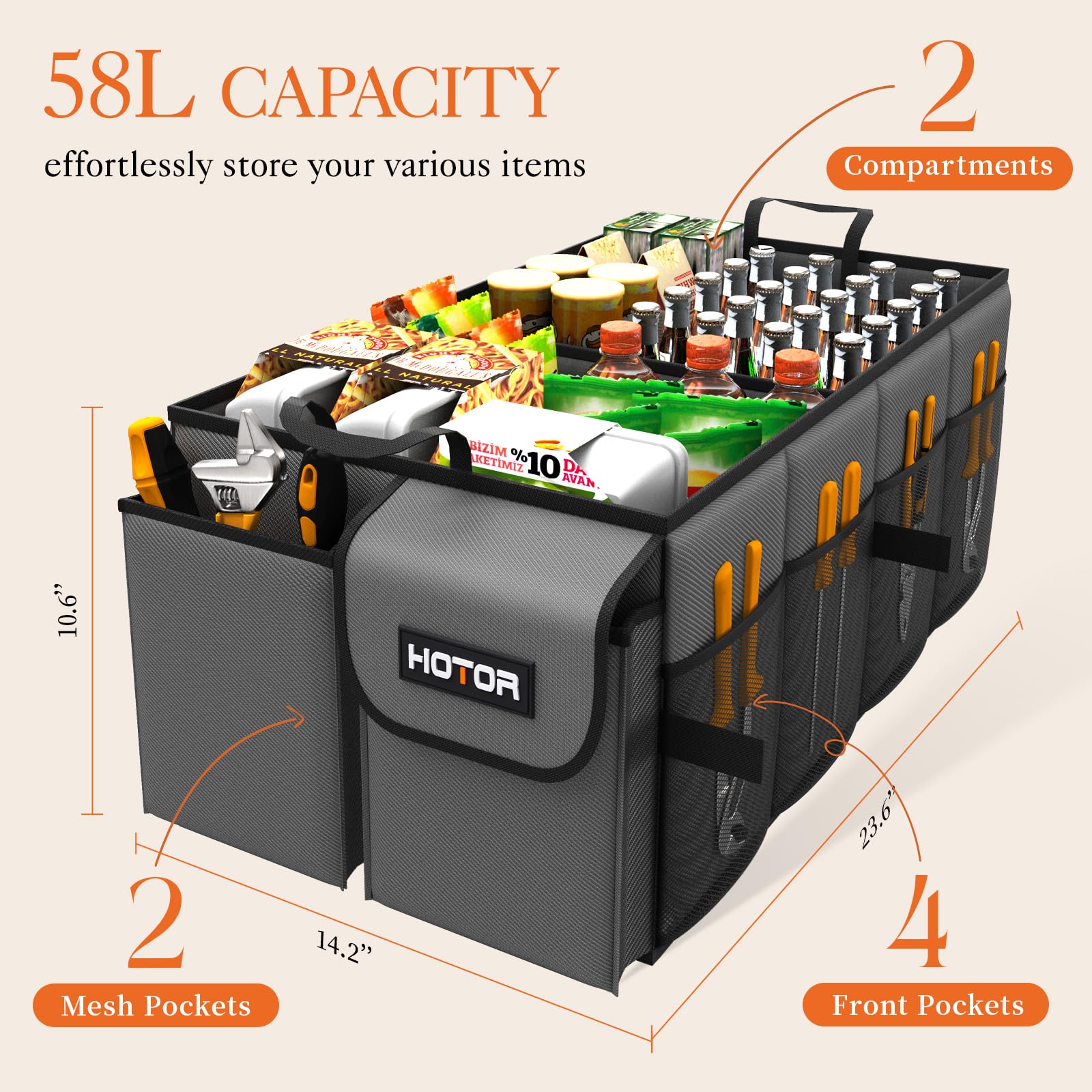 Hotor Foldable Trunk Organizer - Suv & Sedan Compatible, Sturdy 2-Compartment Grey Car Accessory Organizer, 23.6 ''14.2 ''10.6 '