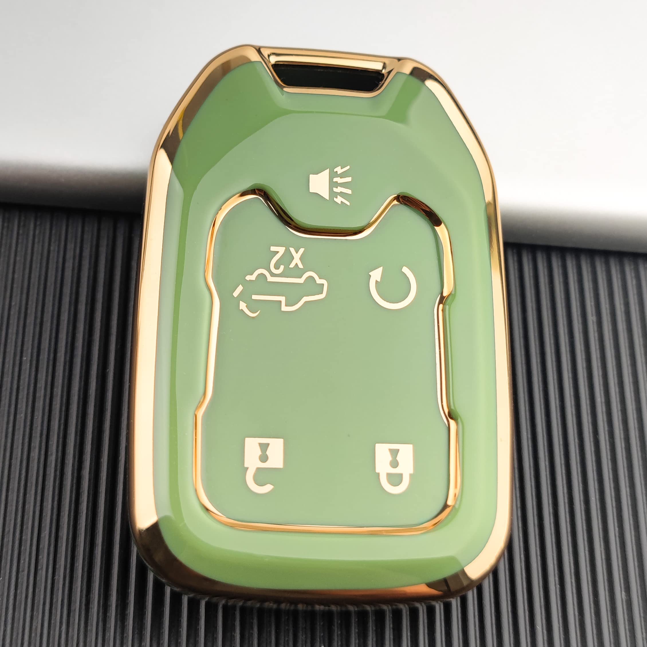 Ollen 5-Button Tpu Key Fob Cover, Fit For Gmc Acadia 2017-2025, For Terrain 2018-2025, For Sierra 2019-2025, For Chevy Silverado 2019-2022, Full Protection Soft Tpu Key Case, With Bling Ring, Green