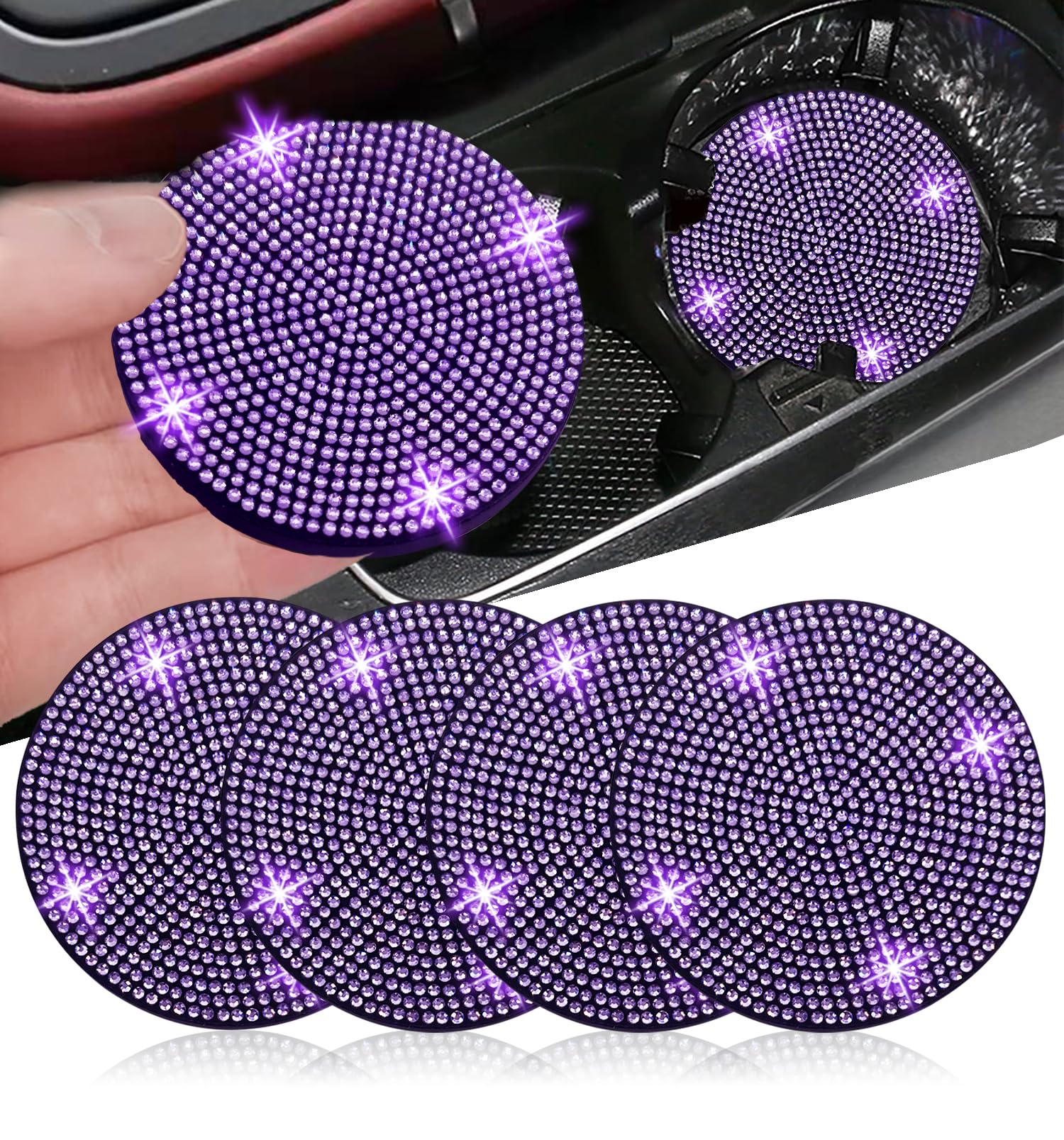 Nbtepem 4Pcs Bling Car Cup Holder Coaster, 2.75 Inch Anti-Slip Shockproof Universal Car Coasters Insert Bling Crystal Rhinestone