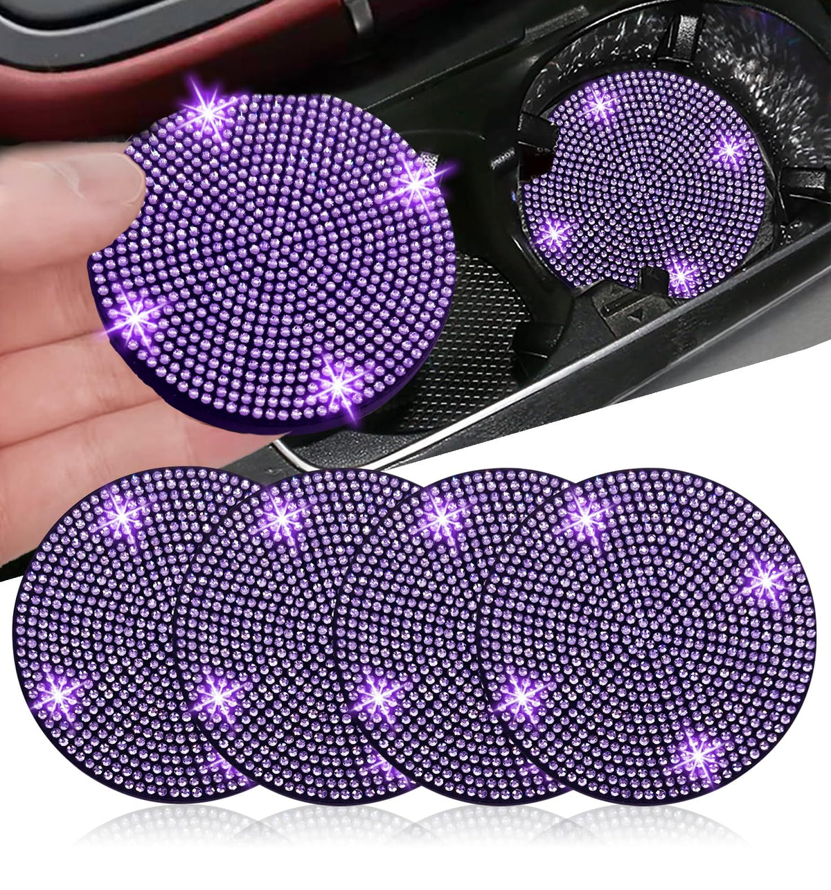 Nbtepem 4Pcs Bling Car Cup Holder Coaster, 2.75 Inch Anti-Slip Shockproof Universal Car Coasters Insert Bling Crystal Rhinestone
