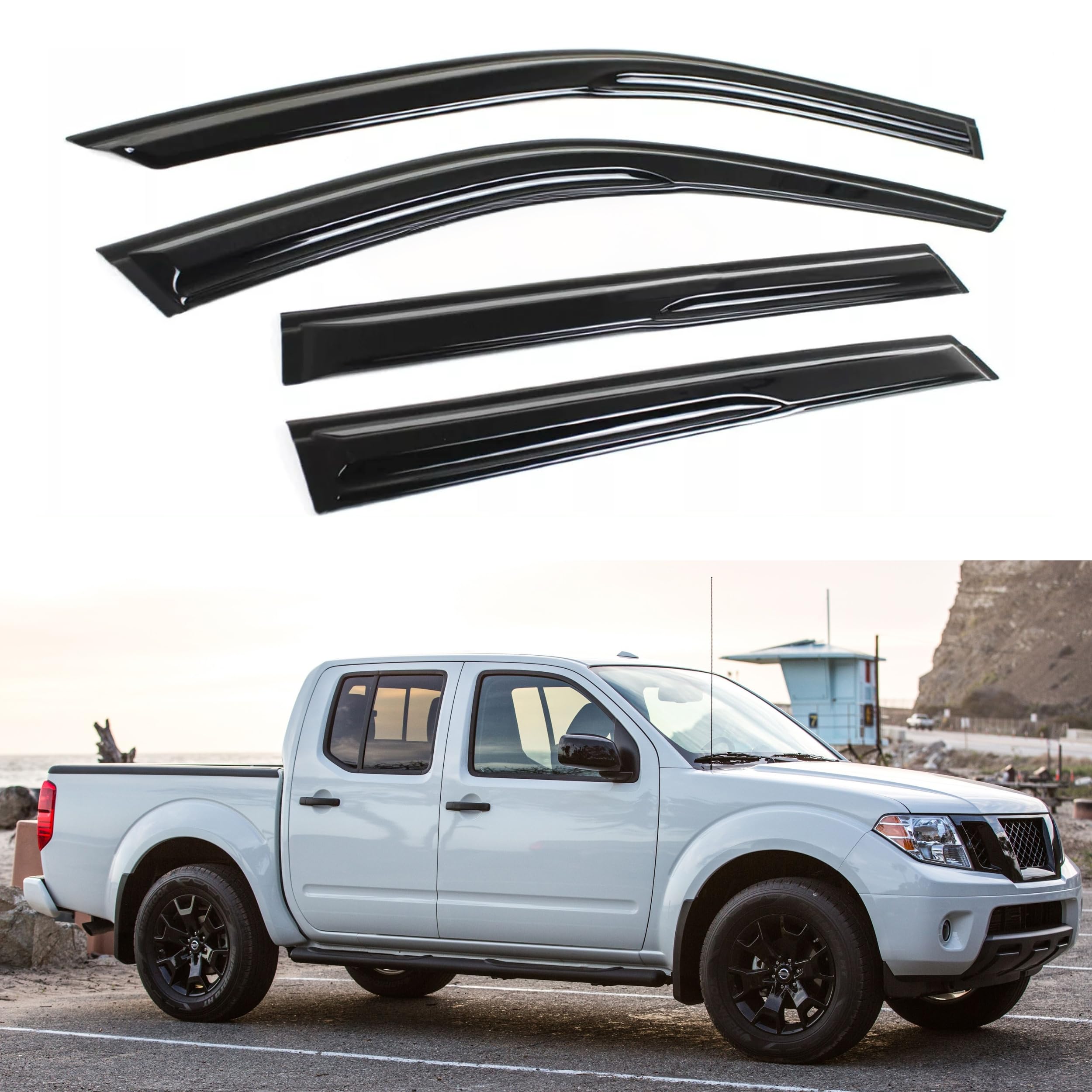 Ig Window Visor For Nissan Frontier Crew Cab 2005-2020, Rain Guard Tape-On Side Vent Deflector Mugen Style, 2007 2008 2009 2010