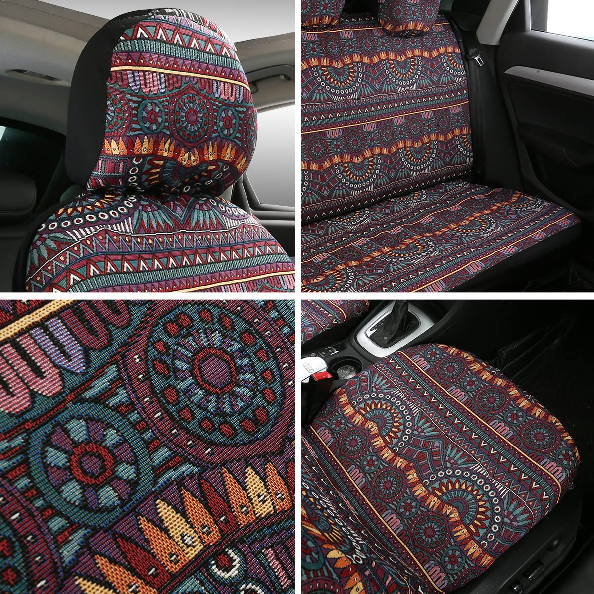 Ponyjoyup Baja Saddle Blanket Car Seat Covers 9Pcs Full Set, Breathable And Washable Striped Woven Automotive Vehicle Seat Cover, Universal Boho Seat Cover For Sedan, Suv, Truck, Airbag Compatible