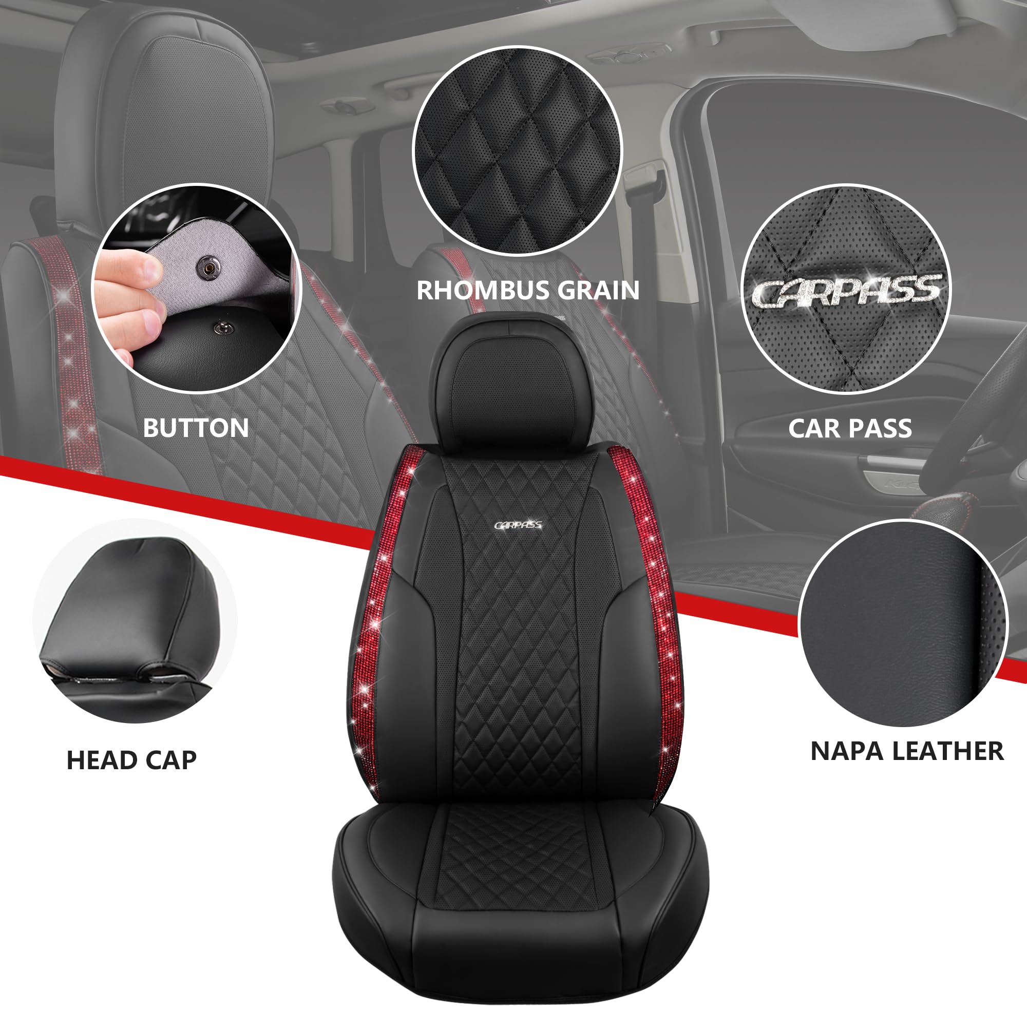 Car Pass Nappa Leather Bling Diamond Black Red Seat Covers Full Set, Waterproof Calfskin Heavy-Duty Anti-Slip, Universal Fit For