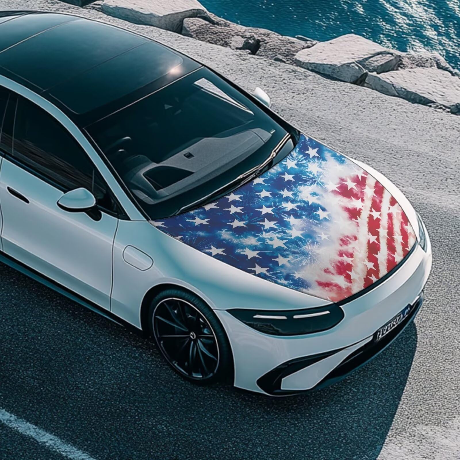 Qiyupavto American Flag Design Car Hood Cover Protector for SUV Sedans Trucks, Elastic Polyester Waterproof Sun-Proof Auto Hood