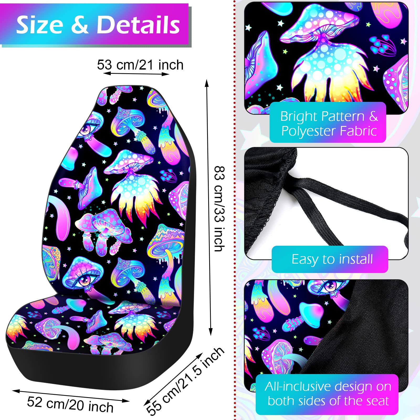 17 Pcs Mushroom Car Seat Covers Mushroom Car Accessories Full Set for Women Men Automotive Rear Front Seat Protector View Mirror