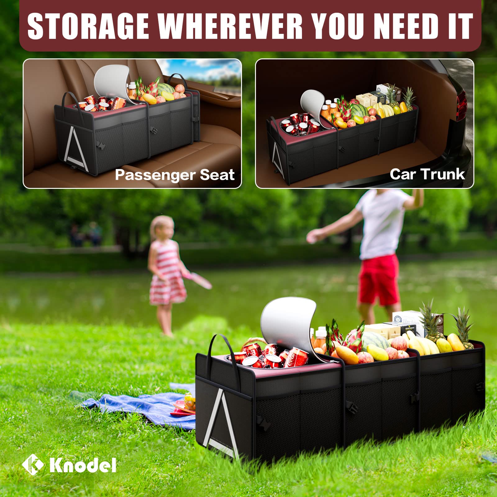 K Knodel Sturdy Car Trunk Organizer With Premium Insulation Cooler Bag, Heavy Duty Collapsible Trunk Storage Organizer For Car,