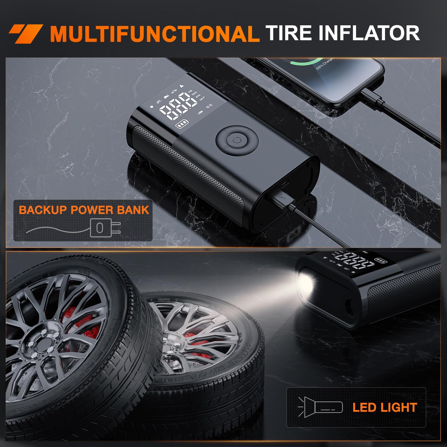 Nilight Tire Inflator Portable Air Compressor Battery Rechargeable 12Vdc 150Psi Cordless Auto Shutoff W/Digital Pressure Gauge 2