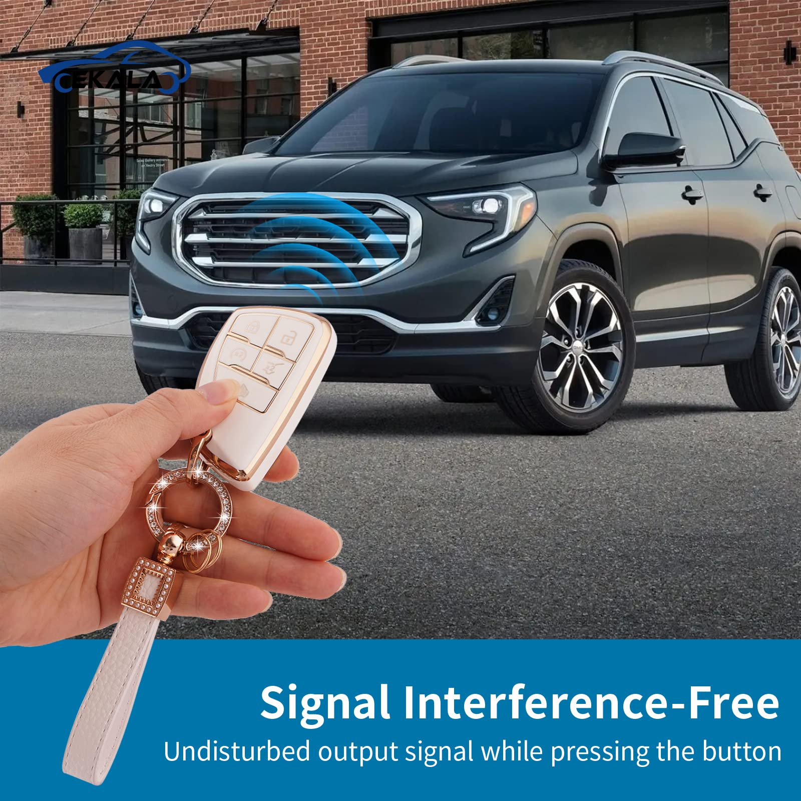 EKALA for GMC Key Fob Cover with Leather Key Fob Keychain, 5 Buttons Soft TPU Key Shell Case Compatible with 2021 2022 2023 GMC