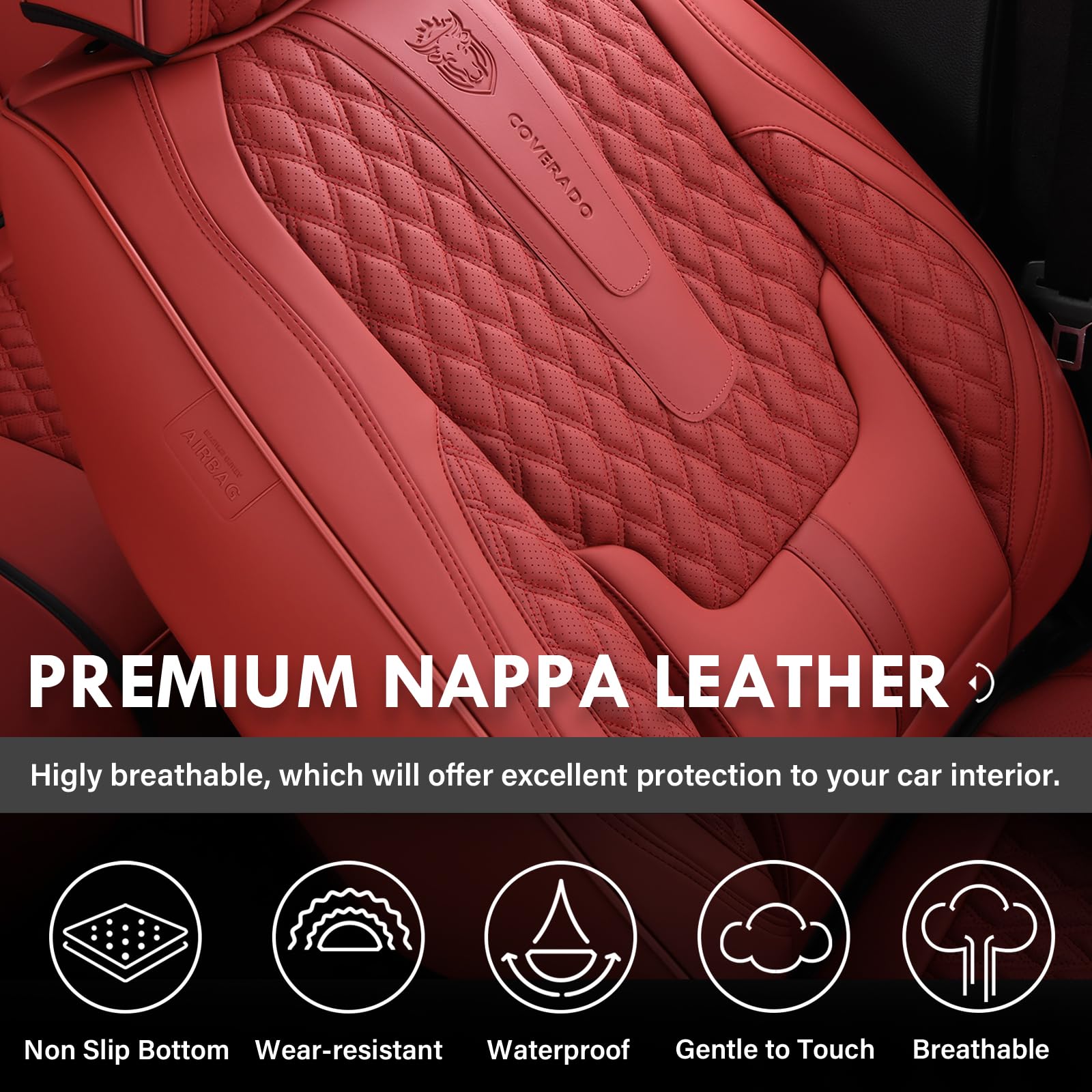 Coverado Car Seat Covers Full Set, Red Seat Covers For Car With Lumbar Support, Nappa Leather Seat Covers Waterproof Car Seat Pr