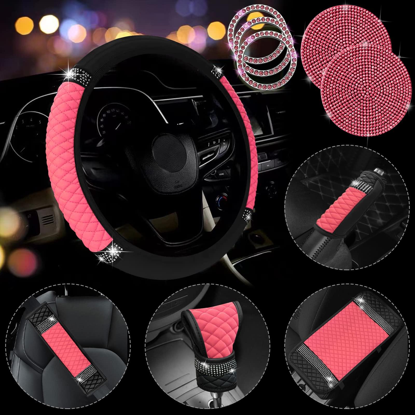 Jingsen 11 Pcs Bling Rhinestones Leather Car Accessories Set,Bling Steering Wheel Cover For Women,Center Console Armrest Pad Belt Cover Handbrake Gear Cover Coasters Full Set For Car Suv