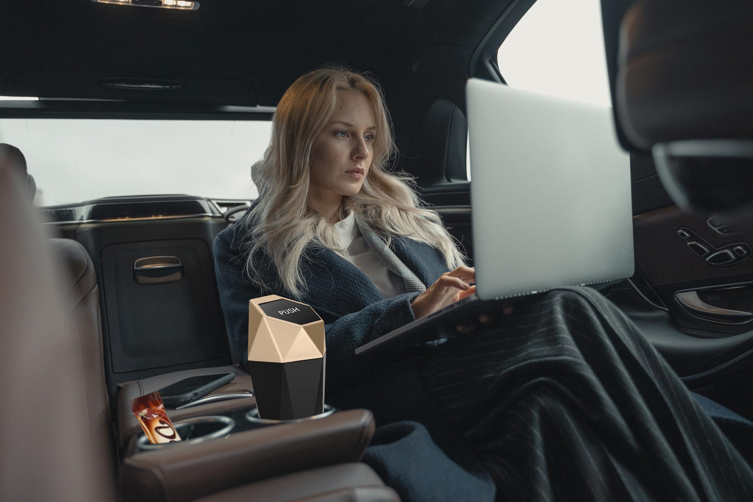 Ginsco Car Trash Can Cup Holder, Mini Car Trash Can With Lid, Car Accessories For Interior, Leakproof Small Trash Cup For Car, H