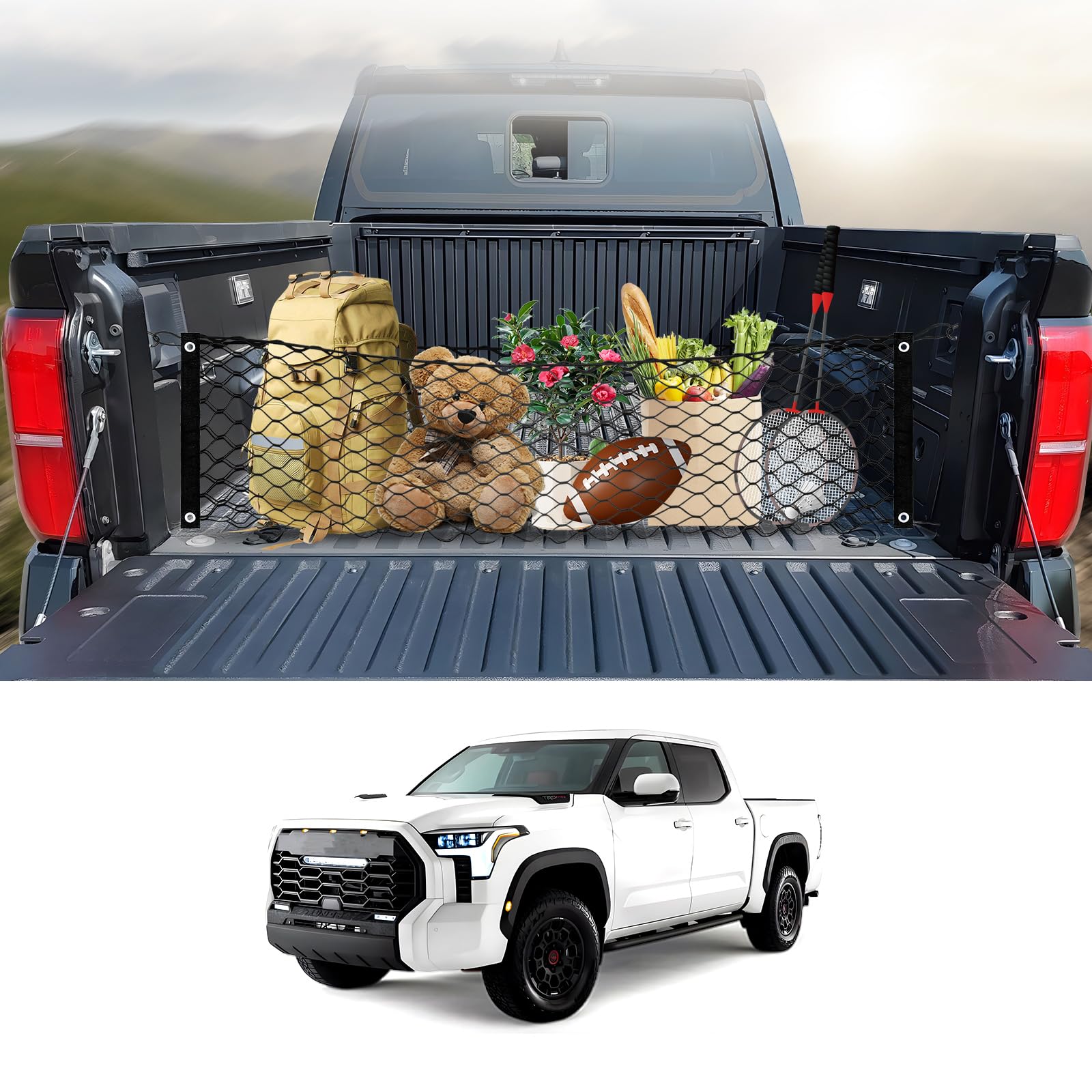 Karltys Truck Bed Cargo Net For Toyota Tundra 2007-2024 2025 Accessories, Envelope Style Elastic Pickup Truck Bed Cargo Net, Hea